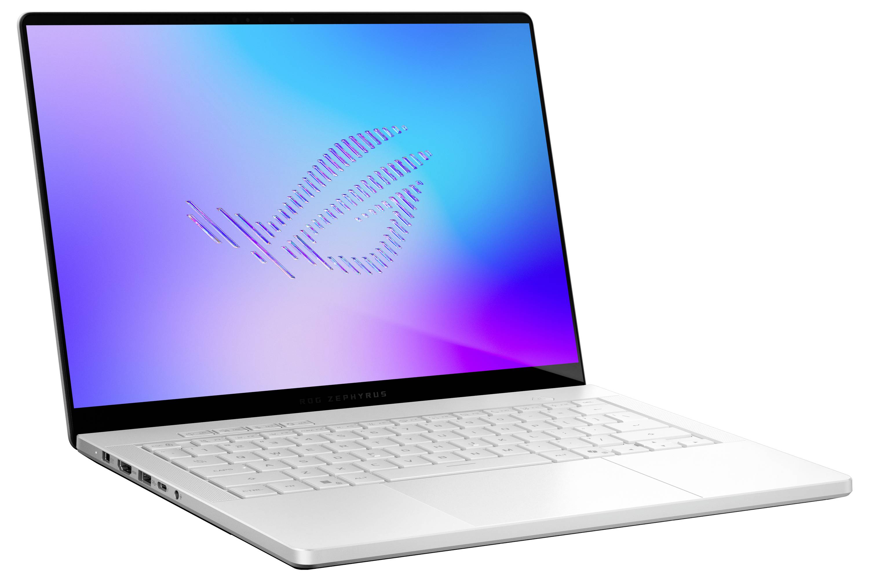 Weißer ASUS ROG-Laptop in einem Winkel geöffnet, zeigt einen blauvioletten Farbverlauf-Bildschirm mit dem ROG-Logo und einer weißen Tastatur.