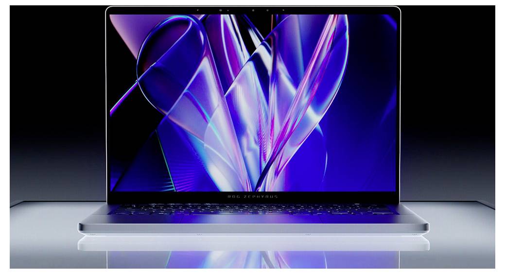 Geöffneter Laptop mit farbenfrohem abstraktem Neon-Wellen-Hintergrund auf dem Bildschirm, frontal betrachtet vor dunklem Hintergrund.