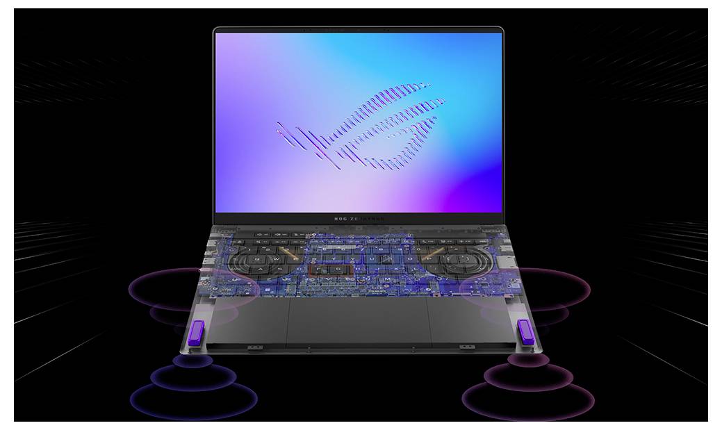 Konzept-Laptop, der einen Bildschirm mit einem stilisierten ROG-ähnlichen Logo und eine transparente Ansicht der internen Komponenten und des Kühlsystems auf dunklem Hintergrund zeigt.
