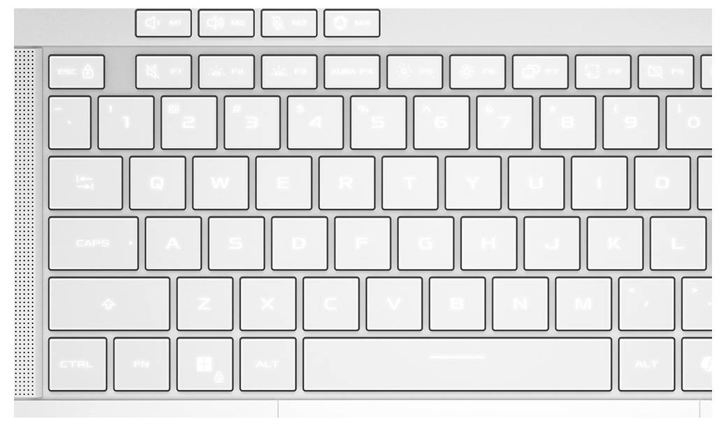 Weiße Laptop-Tastatur mit großem Trackpad auf der linken Seite, von oben fotografiert.