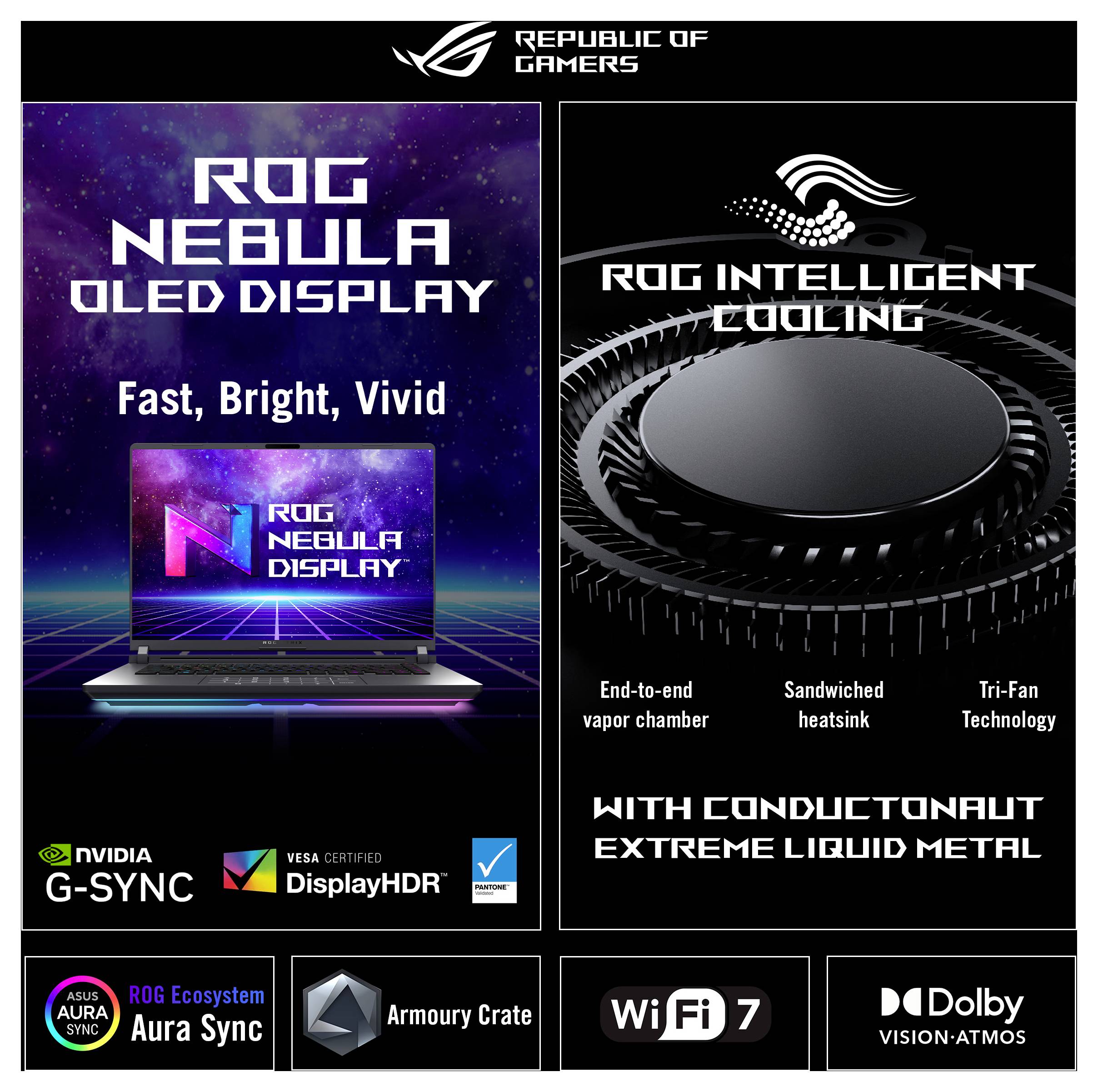 Werbe-Grafik für ROG Gaming-Laptops mit Hervorhebung des „ROG Nebula OLED-Displays