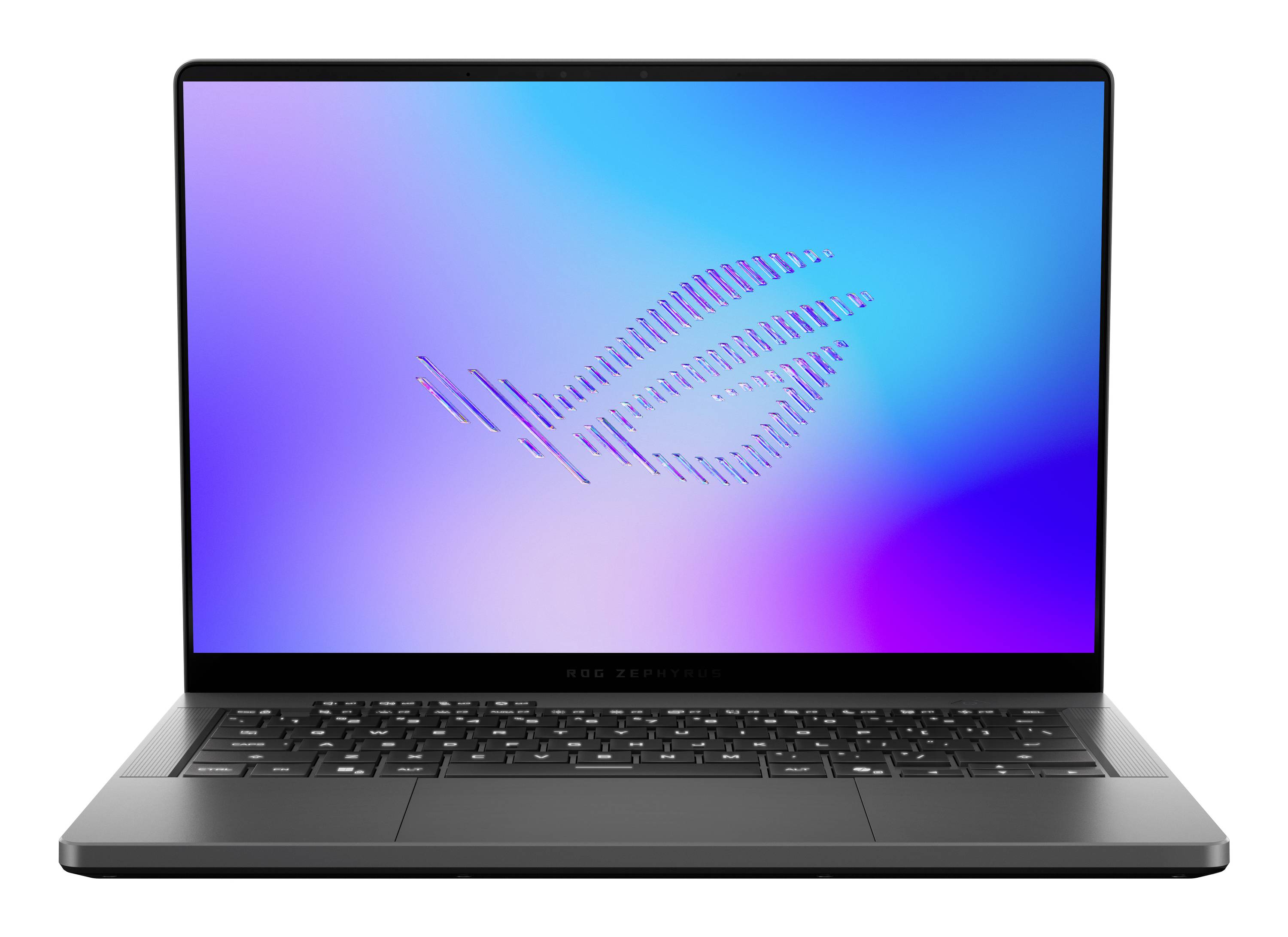 Ein Laptop, frontal dargestellt, mit einem farbenfrohen blau-violetten Farbverlauf auf dem Bildschirm und einem abstrakten gestreiften Logo auf der Anzeige.