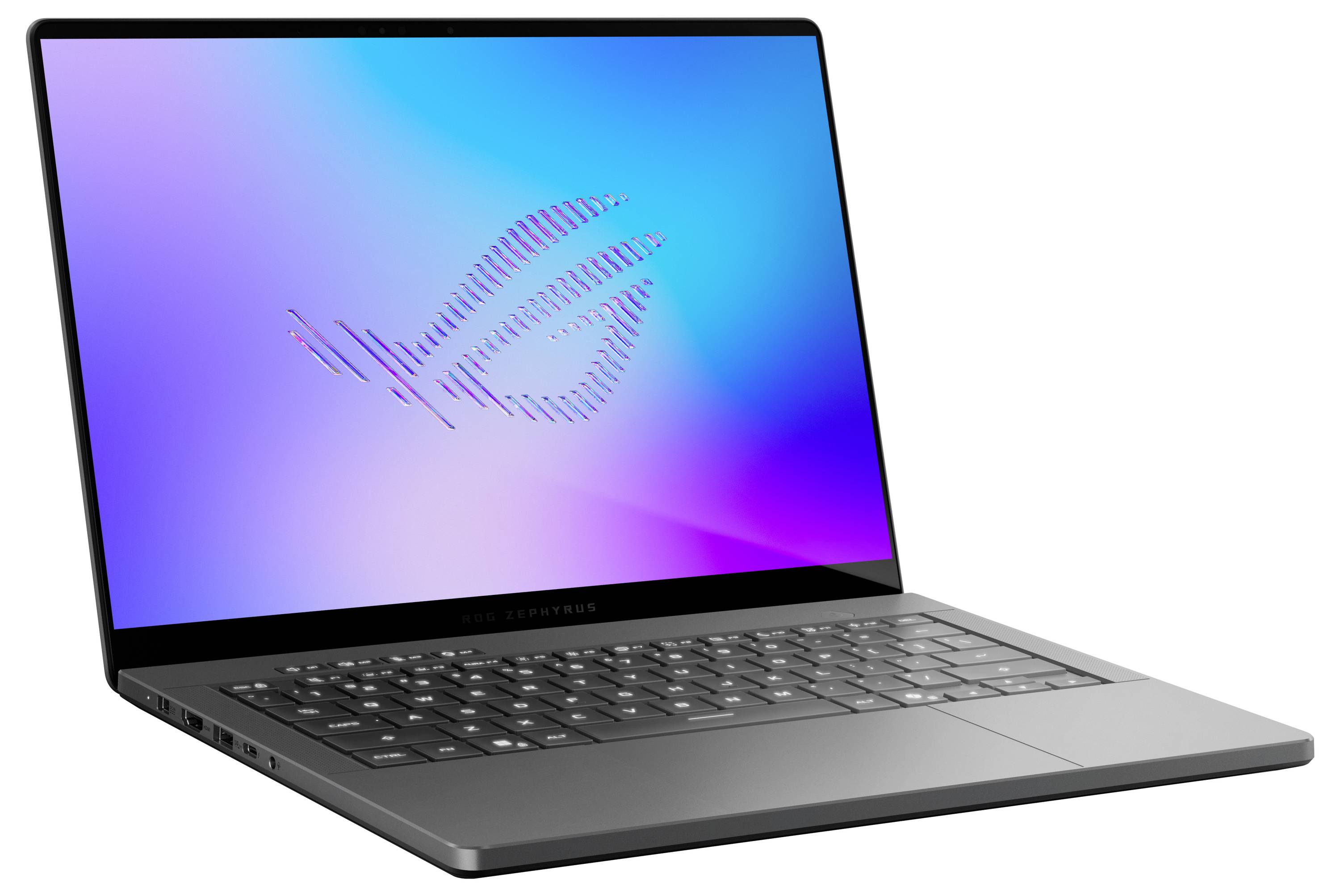 Ein grauer ASUS-Laptop, der auf weißem Hintergrund offen steht und einen blau-violetten Bildschirm mit dem ROG-Logo zeigt.