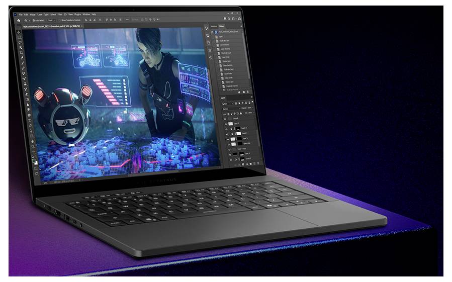 Ein Laptop, der eine futuristische Science-Fiction-Spielszene oder eine digitale Kunstszene in einem Grafikbearbeitungsprogramm anzeigt, mit blauen Neon-Visuals auf dem Bildschirm.