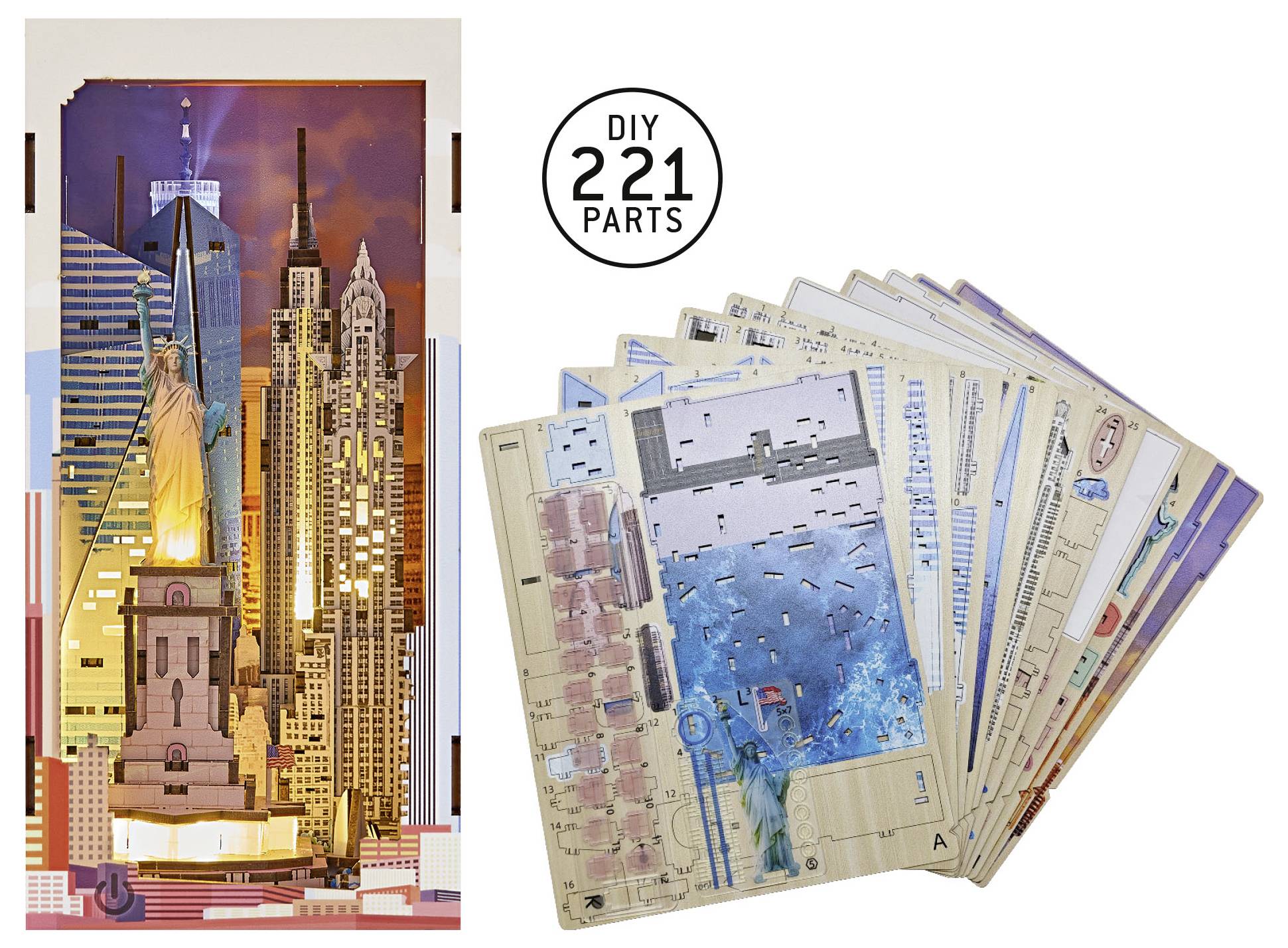 DIY-Puzzleset mit 221 Teilen, gezeigt mit zusammengesetztem Kunstwerk der New Yorker Skyline und einem Fächer aus Puzzleteilen und Anleitungsblättern.
