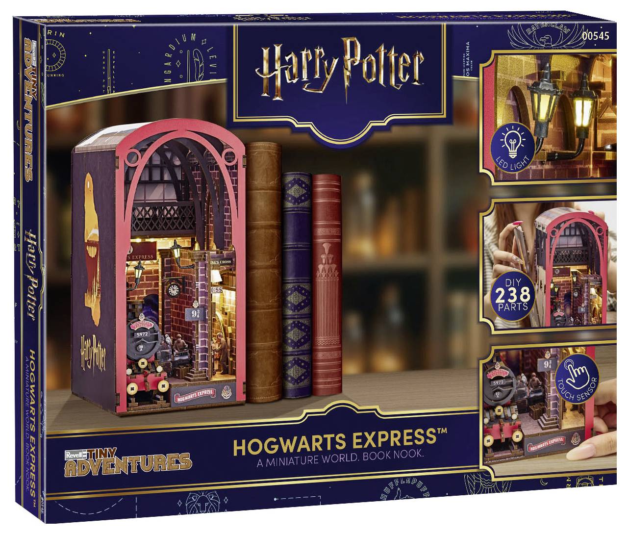 Harry Potter Hogwarts-Express Miniaturwelt Buchtische-Set-Box, zeigt eine beleuchtete Bahnhofsszene mit 238 Teilen und DIY-Montagebilder.