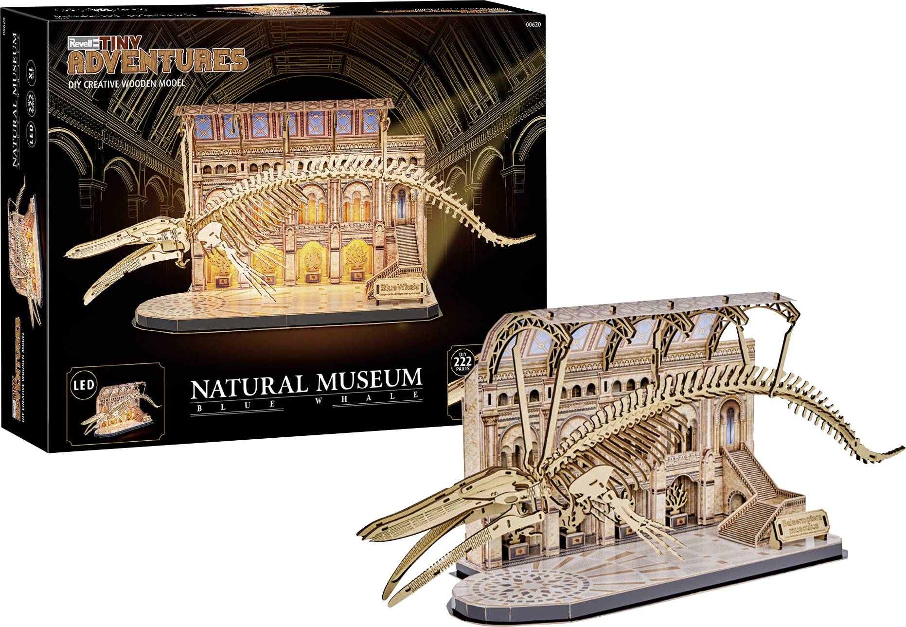 3D-Modellbausatz einer Naturhistorischen-Museumsszene mit einem großen Skelett und Displayständer, gezeigt mit der Produktbox und dem zusammengebauten Modell.