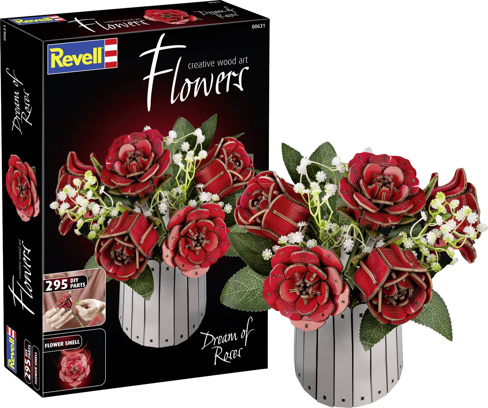 Boxed Revell 'creative wood art Flowers' Bausatz neben einem zusammengestellten roten Rosensträußchen in einer weiß lamellierter Vase, der das fertige Aussehen des Modells zeigt.