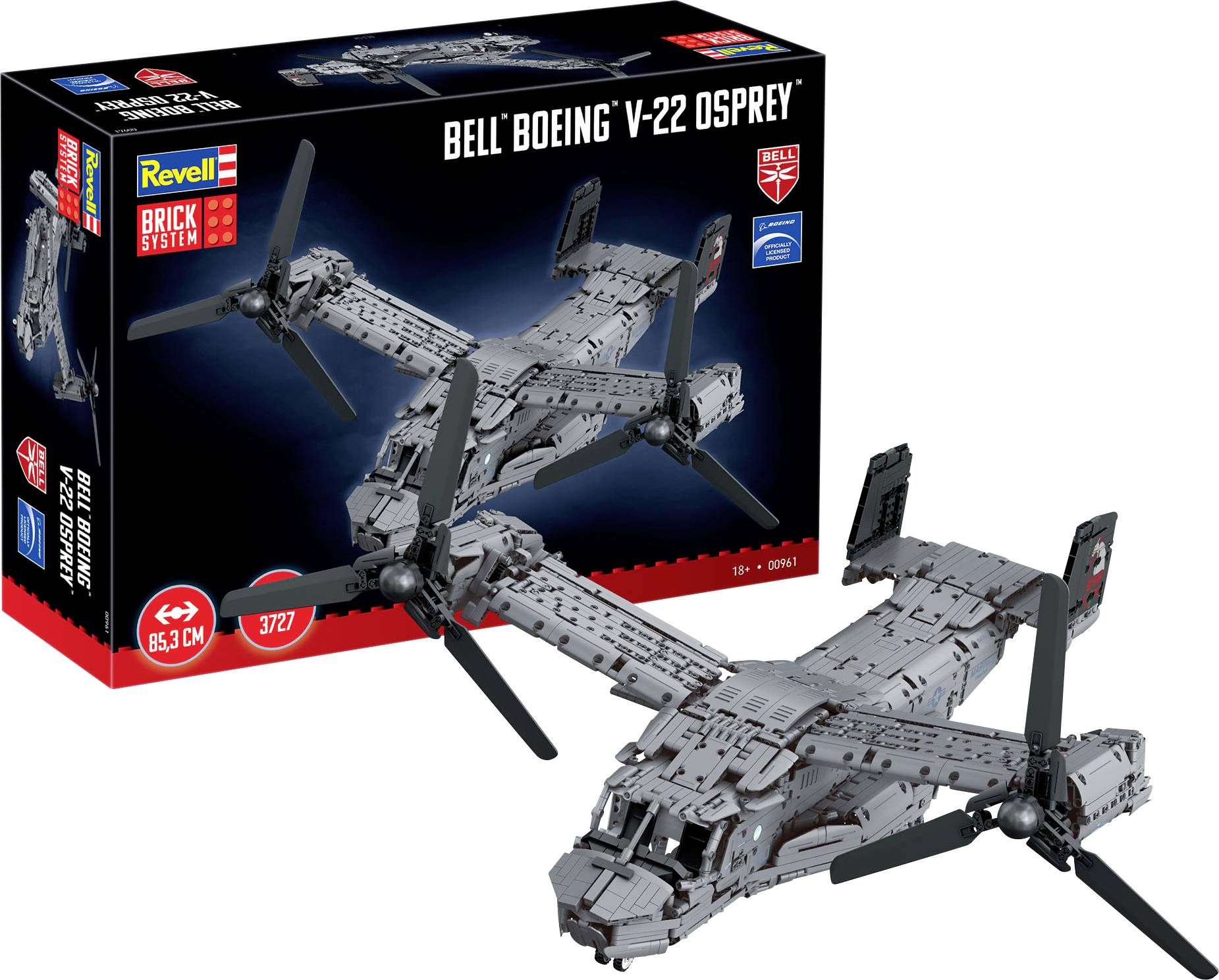 Verpackungskunstwerk und zusammengebautes Modell eines Revell Brick System Bell Boeing V-22 Osprey-Kipprotor-Flugzeugs, gezeigt vor weißem Hintergrund.