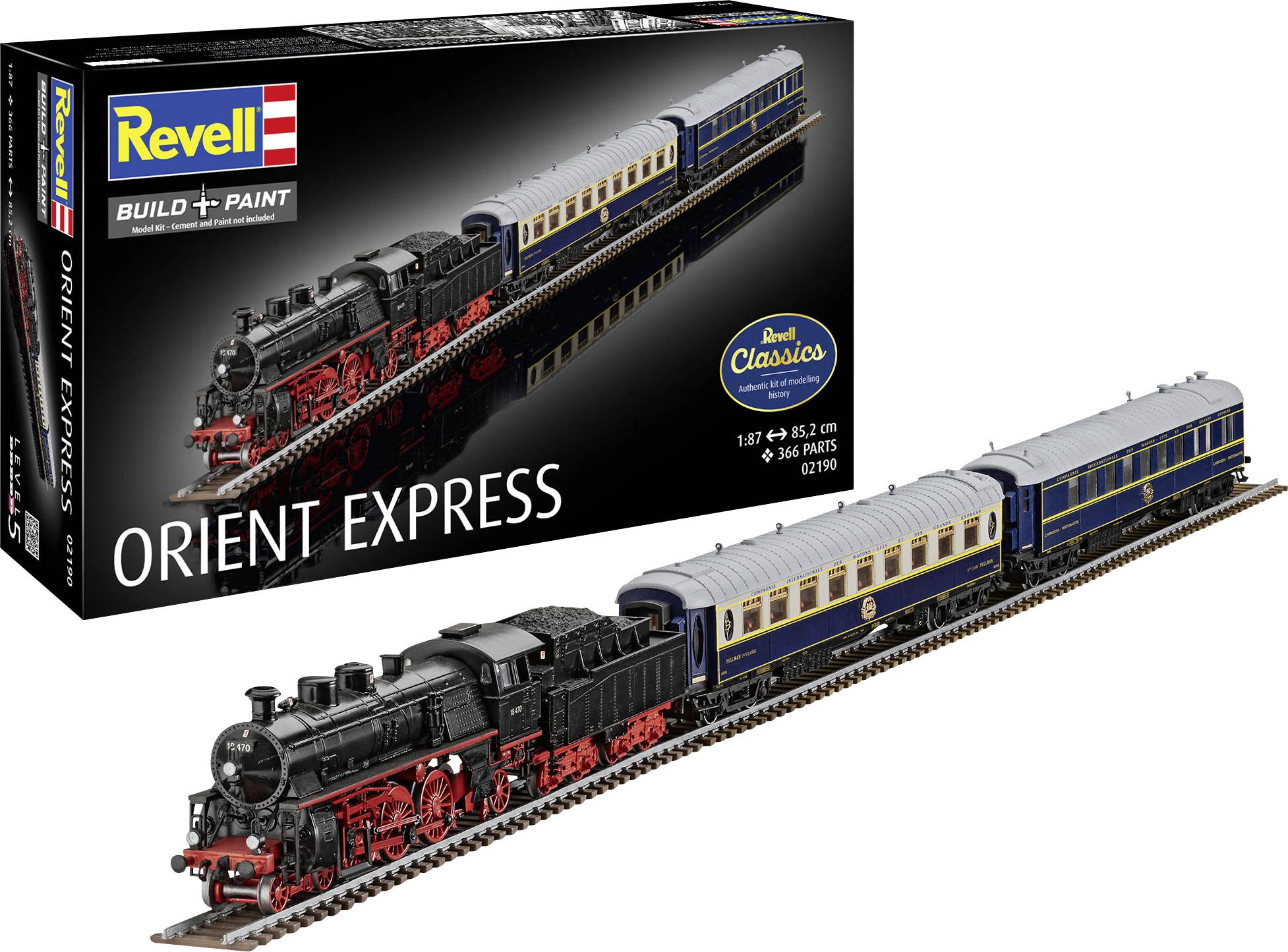 Revell Orient-Express Modellbausatz-Karton mit einer schwarzen Dampflokomotive und blauen Personenwagen auf Schienen, gekennzeichnet mit „ZUSAMMENBAU + LACKIERUNG