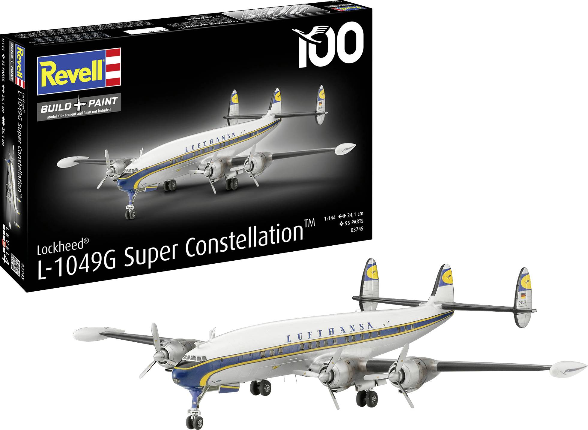 Revell Modellbausatz-Karton und fertig gebautes Modell eines Lockheed L-1049G Super Constellation Lufthansa-Flugzeugs