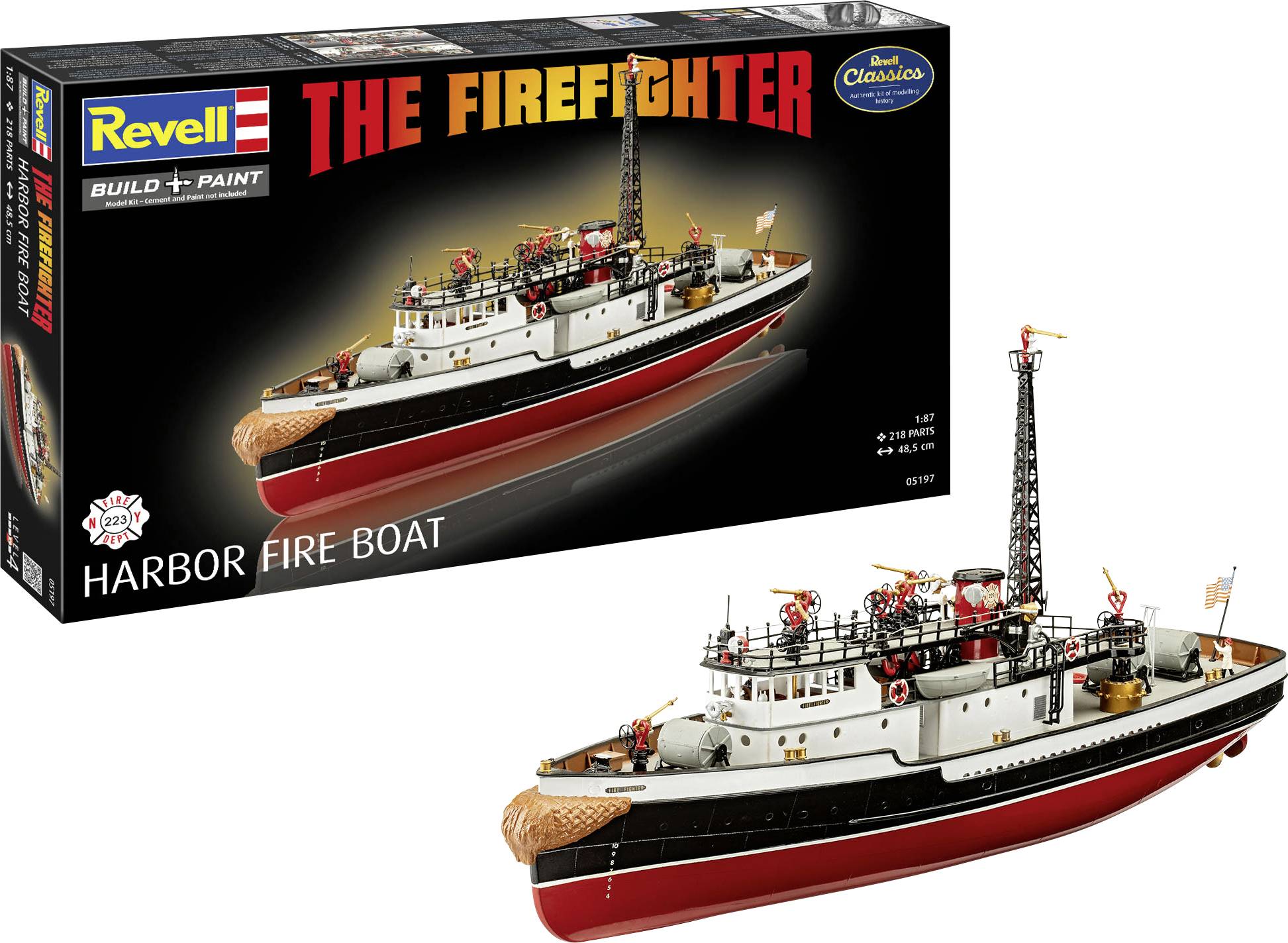 Revell 'The Firefighter' Hafenfeuerlöschboot-Modellbausatz-Karton mit zusammengesetztem Schiff neben der Schachtel gezeigt.