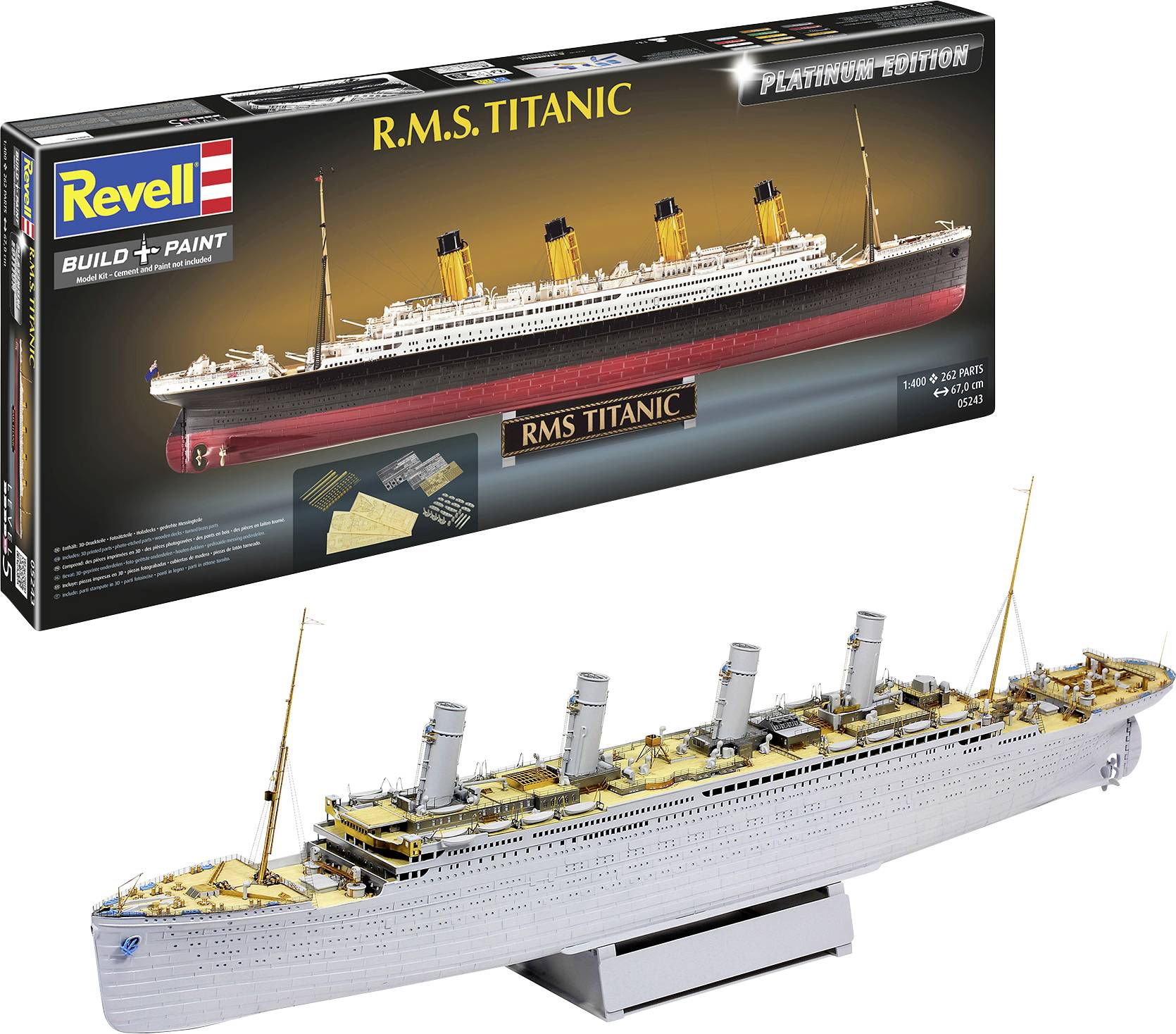 Revell 'R.M.S. TITANIC' Kunststoffmodellbausatz-Schachtel und zusammengebautes Schiffsmodell auf Ständer.