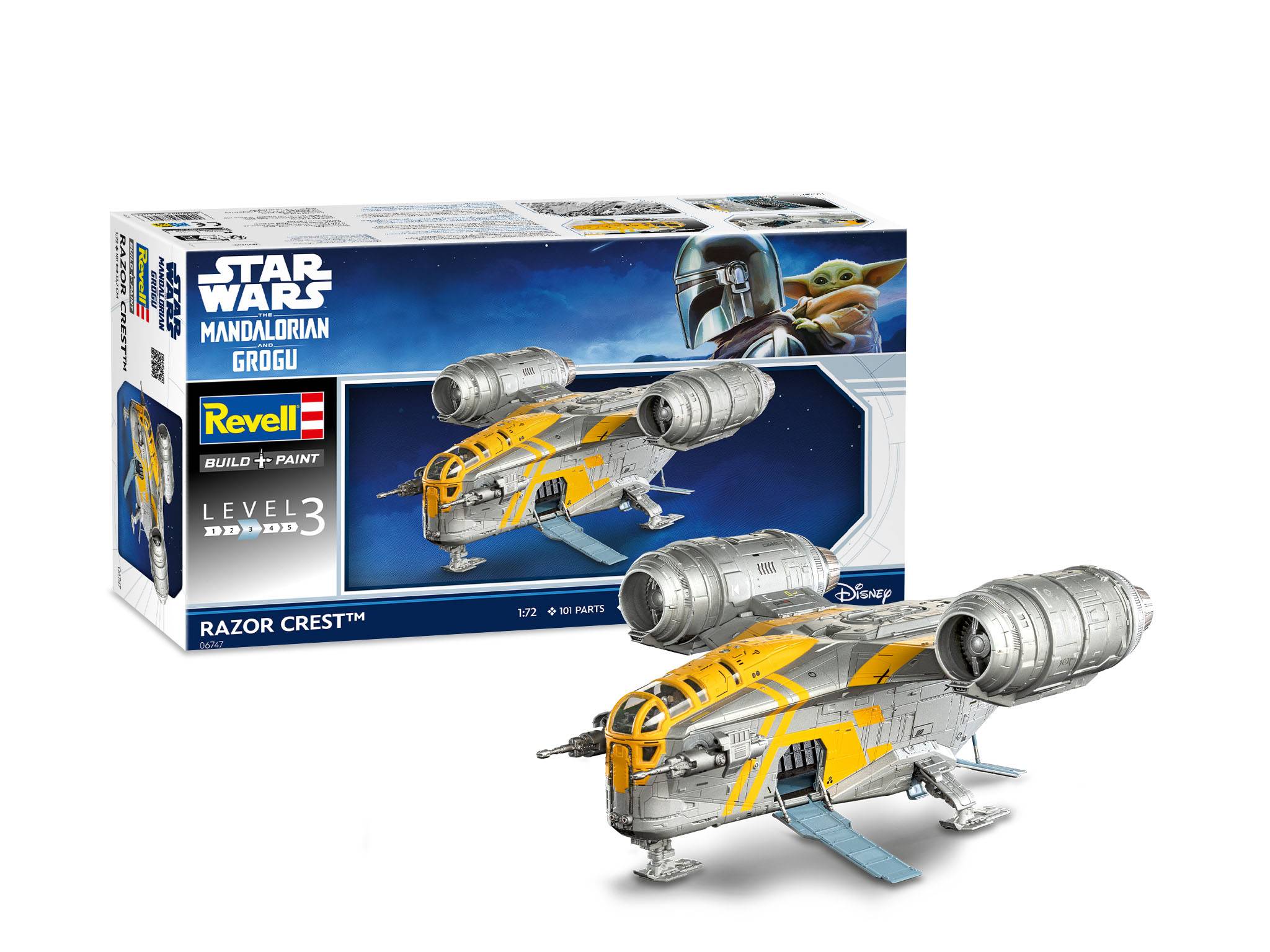 Star Wars Der Mandalorianer Grogu Razor Crest Revell Modellbausatz-Schachtel mit zusammengestelltem und lackiertem Raumschiff-Modell in der Vorderansicht.
