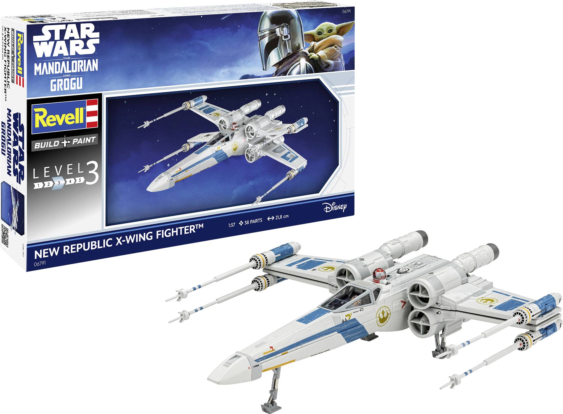 Karton und zusammengebautes Modell eines Star Wars The Mandalorian Grogu Revell Level 3 New Republic X-wing Fighter Bausatzes.