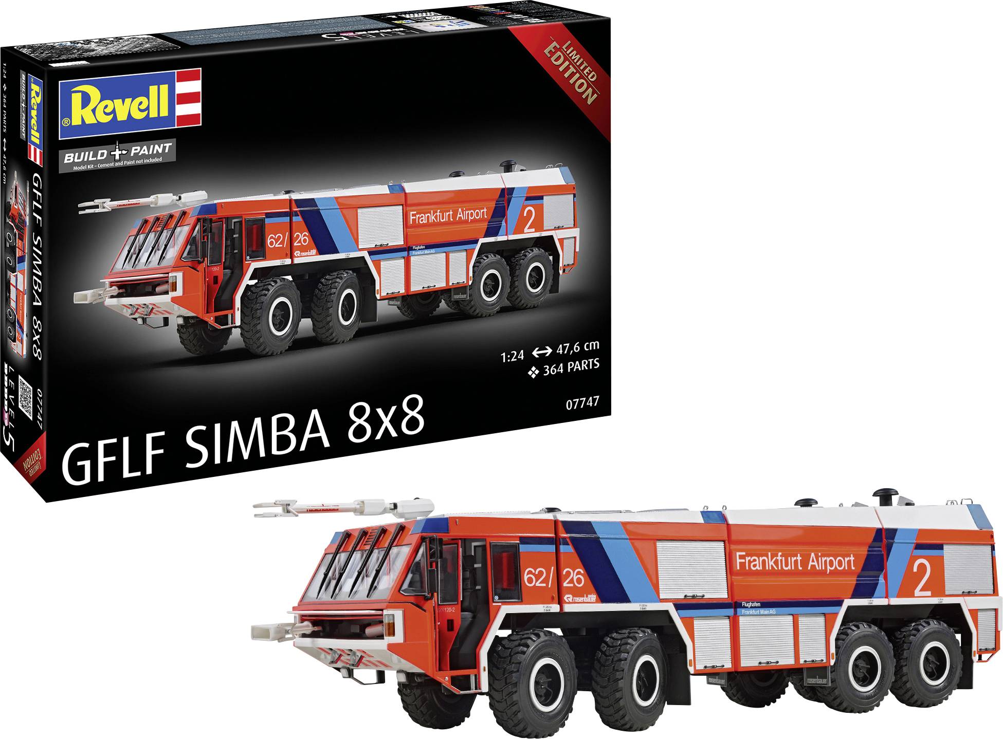 Revell GFLF Simba 8x8 Modellbausatz-Box und montiertes Flughafenfeuerwehrfahrzeug, orange-blaues „Frankfurt Airport