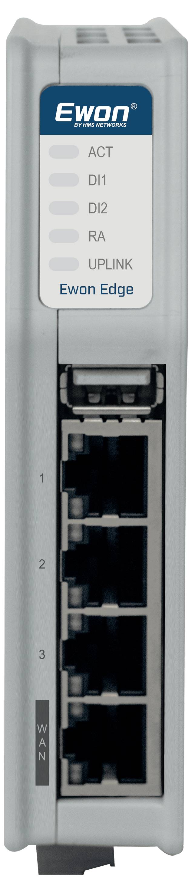 Ewon Edge industrielles Netzwerkgerät mit Statusanzeigen ACT, DI1, DI2, RA, UPLINK und vier Ethernet-Anschlüssen, nummeriert von 1 bis 4.