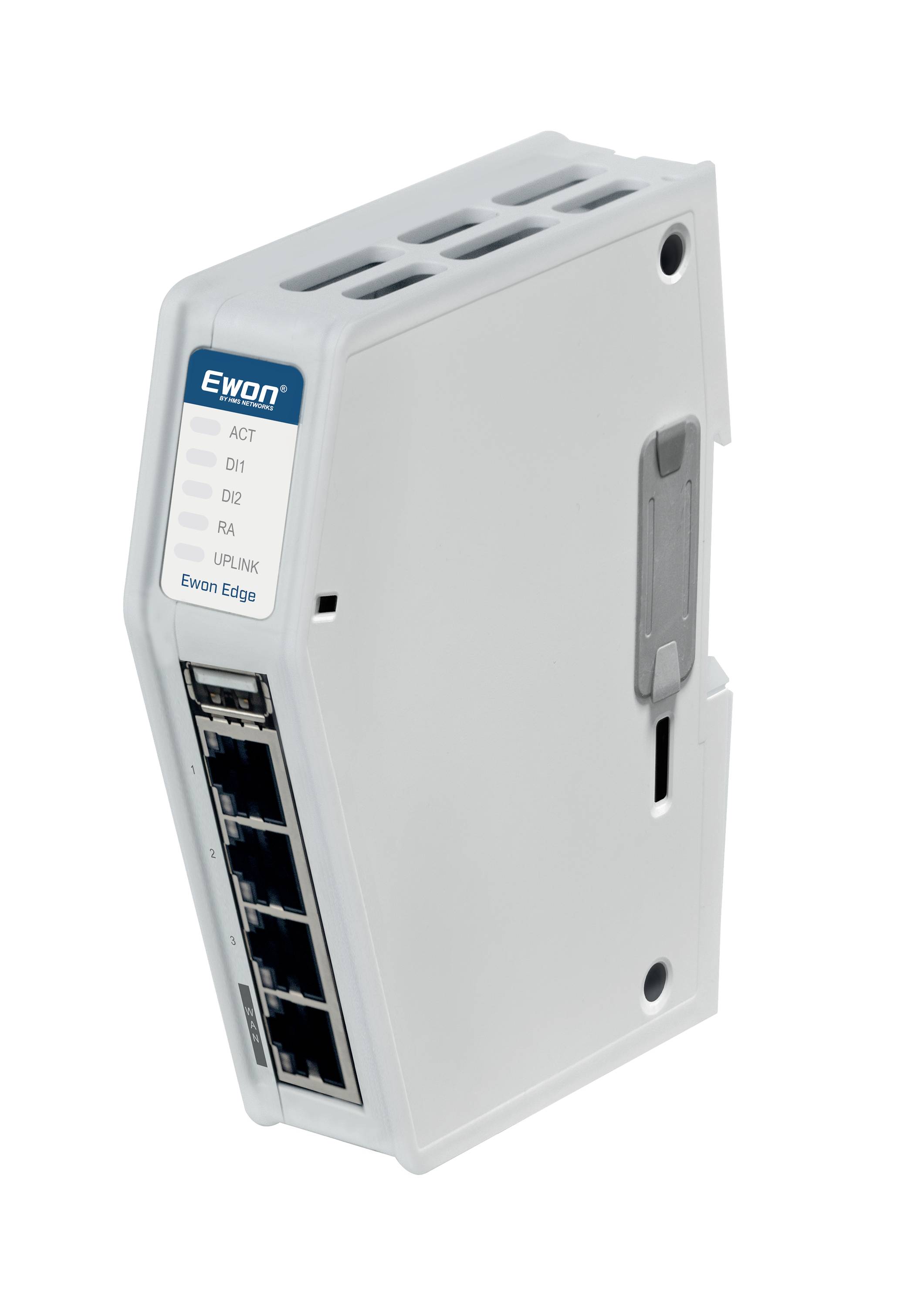 Industrielles Ewon Edge-Netzwerkgerät mit vier Ethernet-Anschlüssen, Status-LEDs und seitlicher Montagehardware auf weißem Hintergrund.