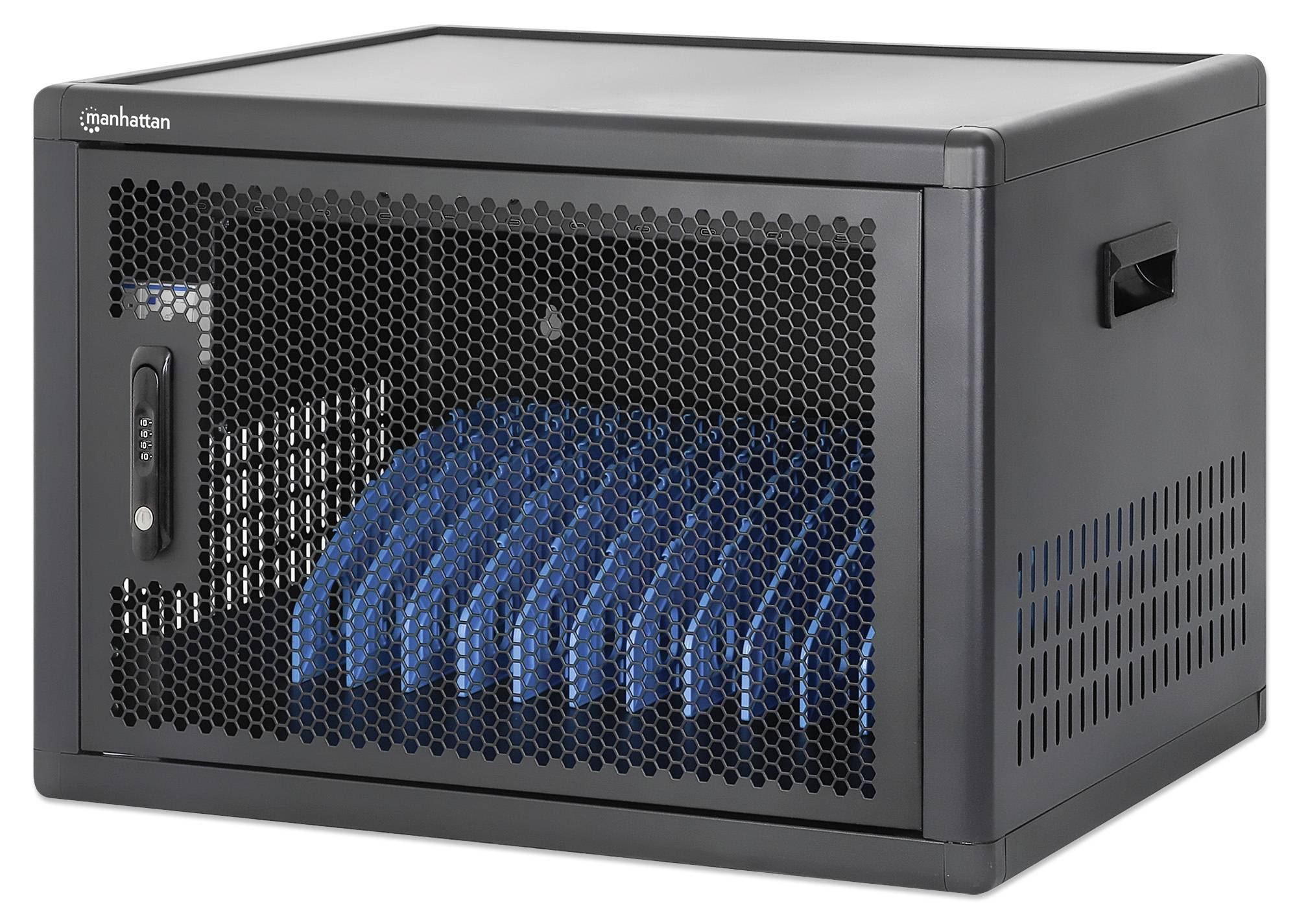 Schwarzer Server-Schrank mit durchlochter Vordertür und sichtbarem blauem Kabelbündel innen, ausgestattet mit Seitengriff und Belüftungsschlitzen.