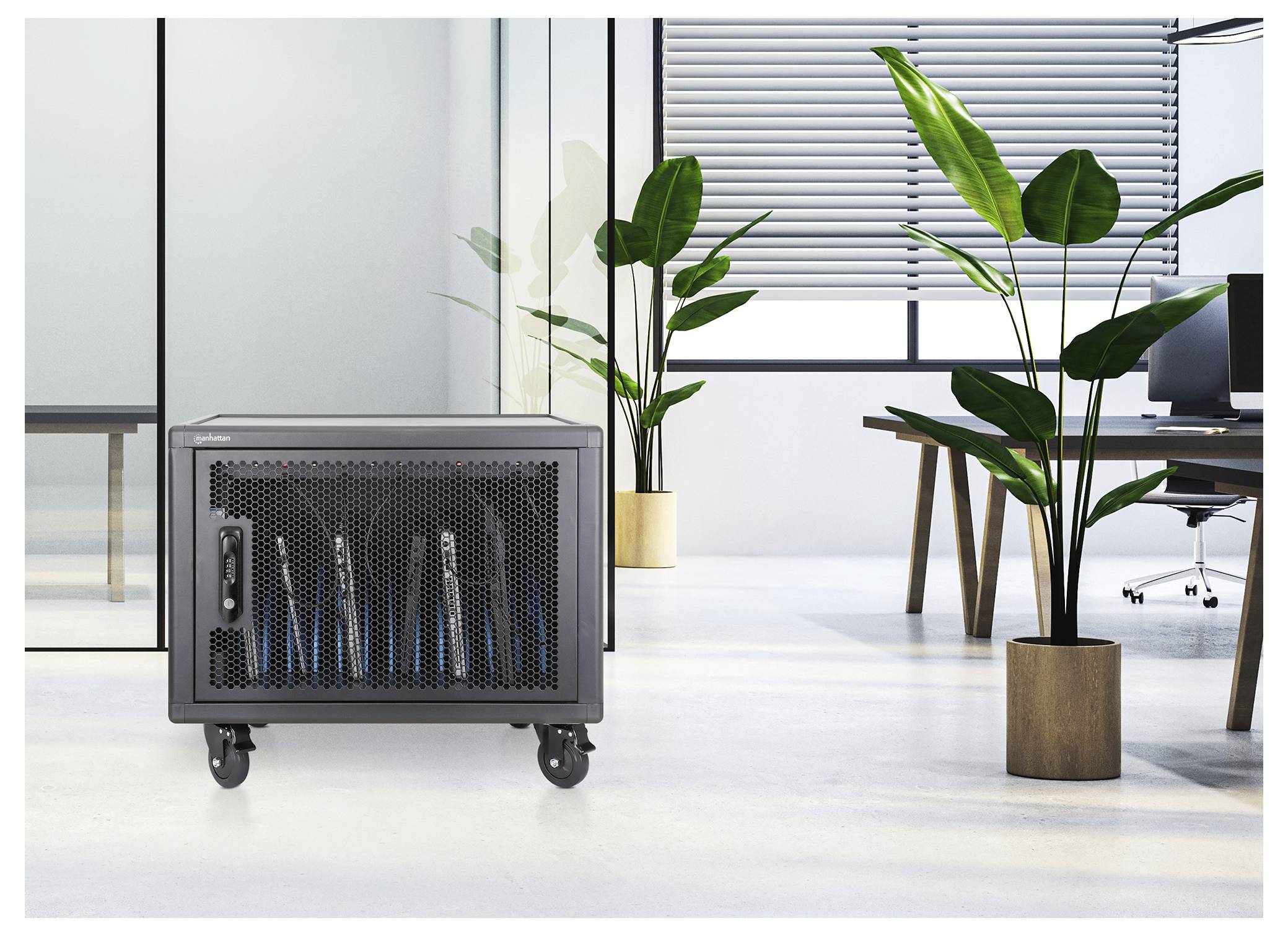 Schwarzes Server-Rack-Schrank auf Rädern in einem modernen Büro, mit sichtbarer blaubeleuchteter Ausrüstung im Inneren und großen Topfpflanzen in der Nähe.
