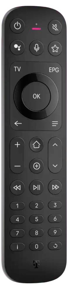 Schwarze TV-Fernbedienung mit Tasten für Stromversorgung, Stummschaltung, Mikrofon, TV/EPG, OK-Richtungspad, Lautstärke, Kanal, Wiedergabe, Zifferntasten und Home-/Menü-Tasten.