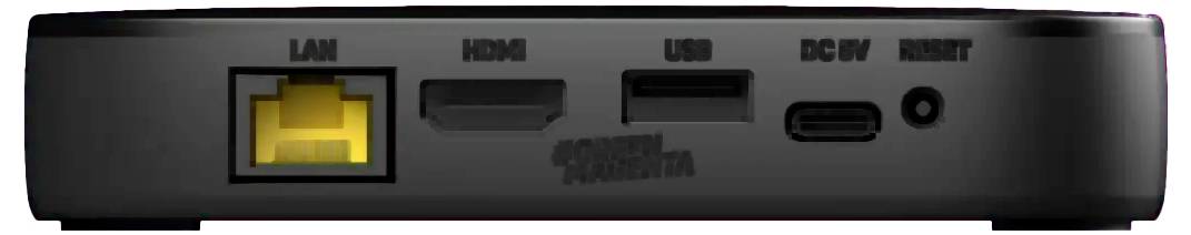 Nahaufnahme einer Geräterückseite mit beschrifteten Ethernet-LAN-, HDMI-, USB-, DC-Stromversorgungs- und Reset-Anschlüssen oben.