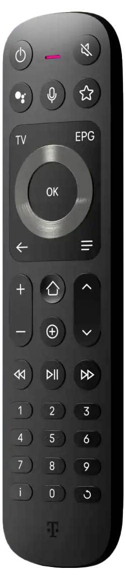Schwarze Fernbedienung mit Power-, Stummschalt-, Sprach-, Favoriten-, TV/EPG-, OK-Ring-, Navigations-, Lautstärke-, Kanal-, Wiedergabe- und Zahlentasten.