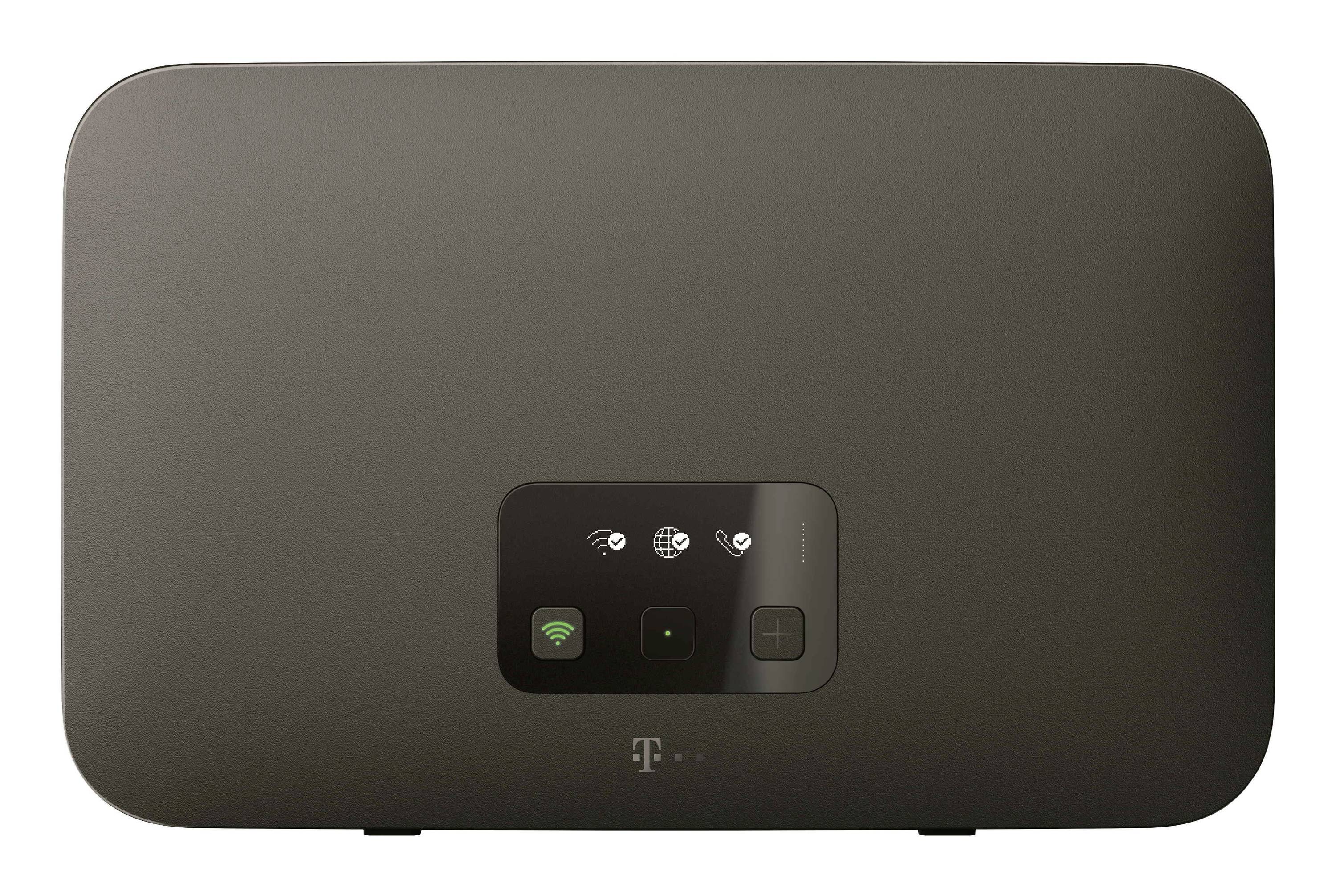 Vorderansicht eines schwarzen T-Mobile Wireless-Routers mit Statusleuchten und Touch-Bedienelementen auf weißem Hintergrund.