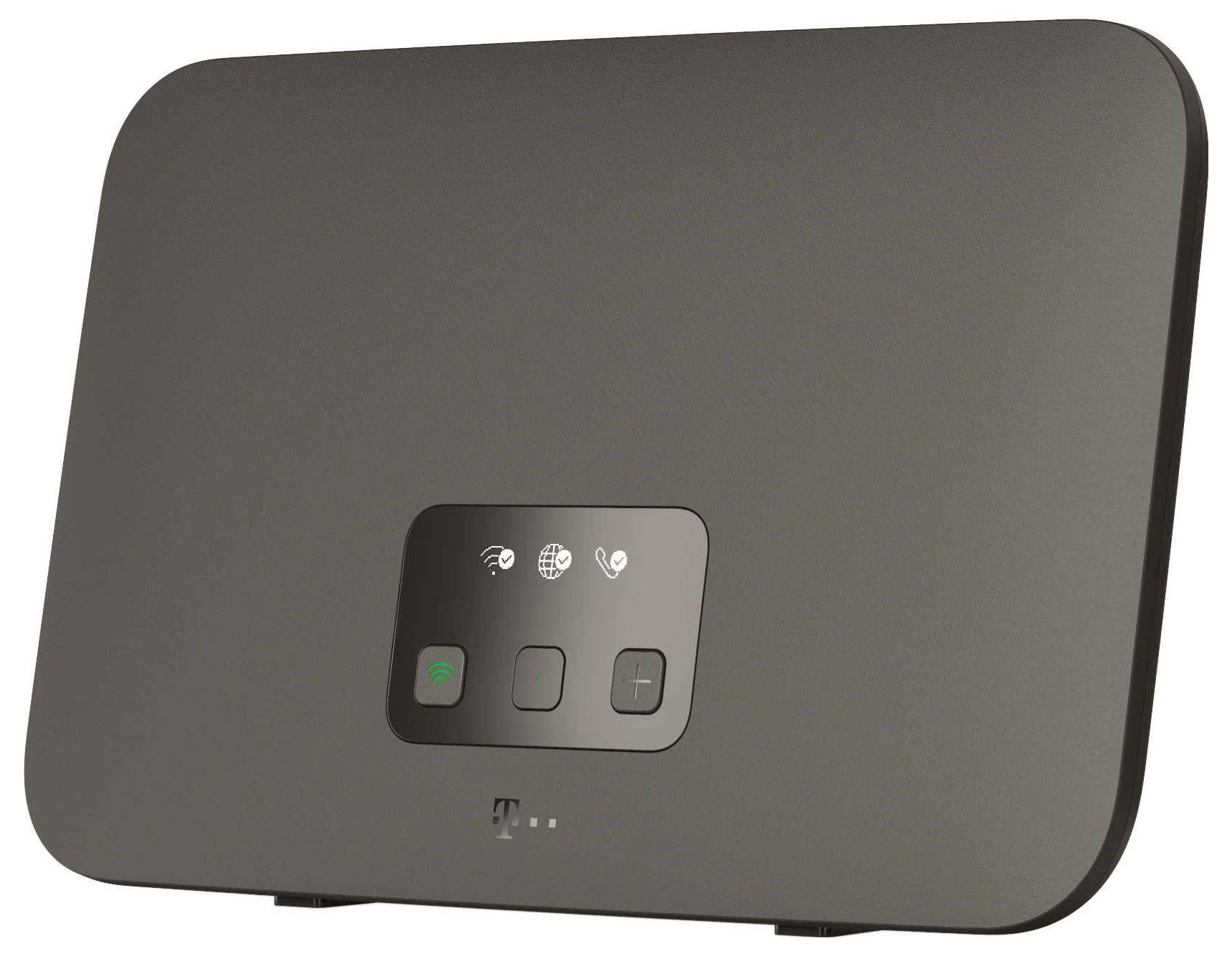 Schwarzer T-Mobile Wi‑Fi-Router oder Hotspot mit einem kleinen vorderen Statusfeld, das Symbole für Wireless, Internet und Stromversorgung anzeigt.