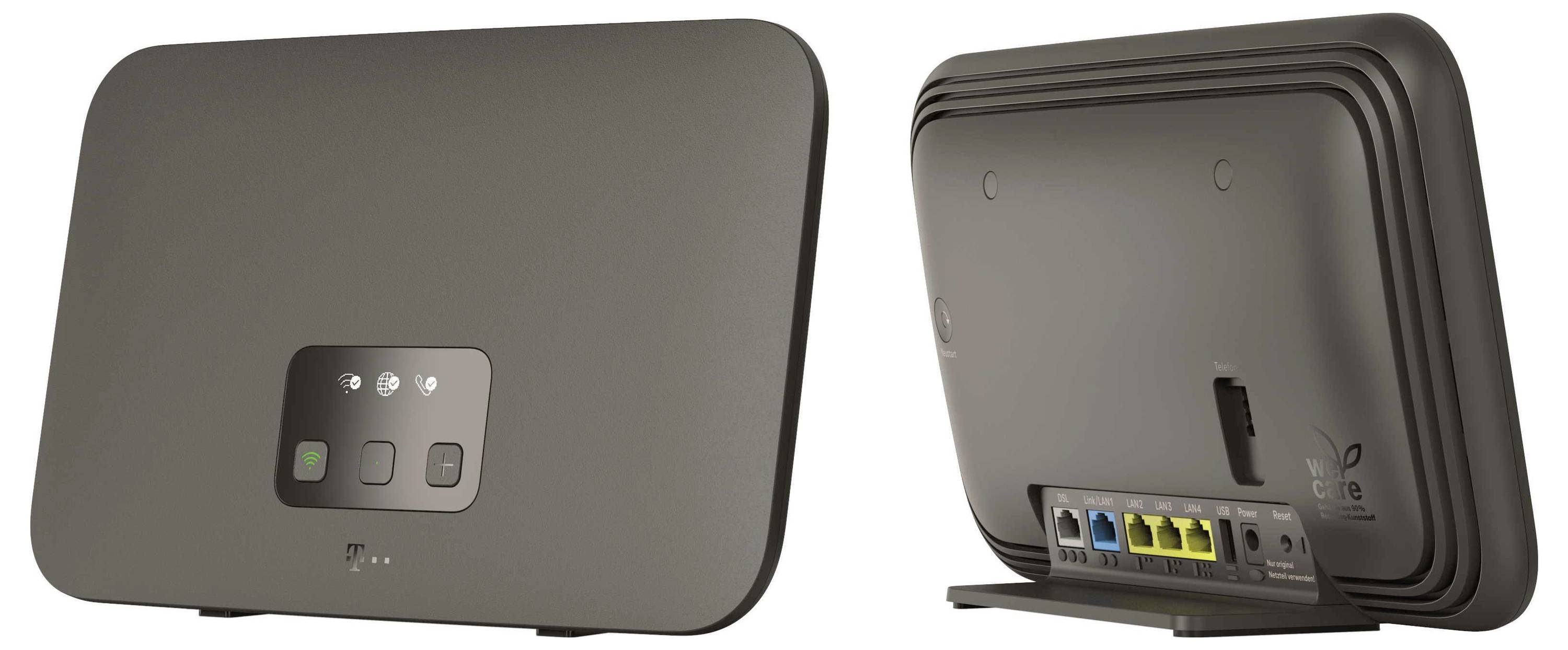 Vorder- und Rückansicht eines schwarzen kabellosen Routers mit Statusleuchten, Anschlüssen und einem Ständer, dargestellt um sein Design und seine Verbindungen hervorzuheben.