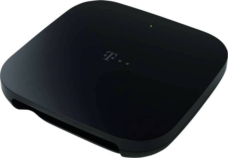 Schwarzer T-Mobile Wireless-Router mit einem kleinen grünen Statuslicht auf weißem Hintergrund.