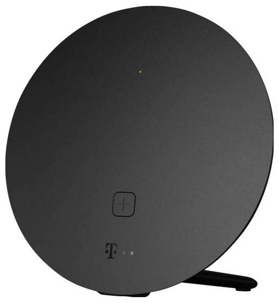 Schwarzes T-Mobile-Modem/Router mit kreisförmigem Design, kleiner grüner Statusleuchte und Logo, das auf einer kurzen Basis steht.