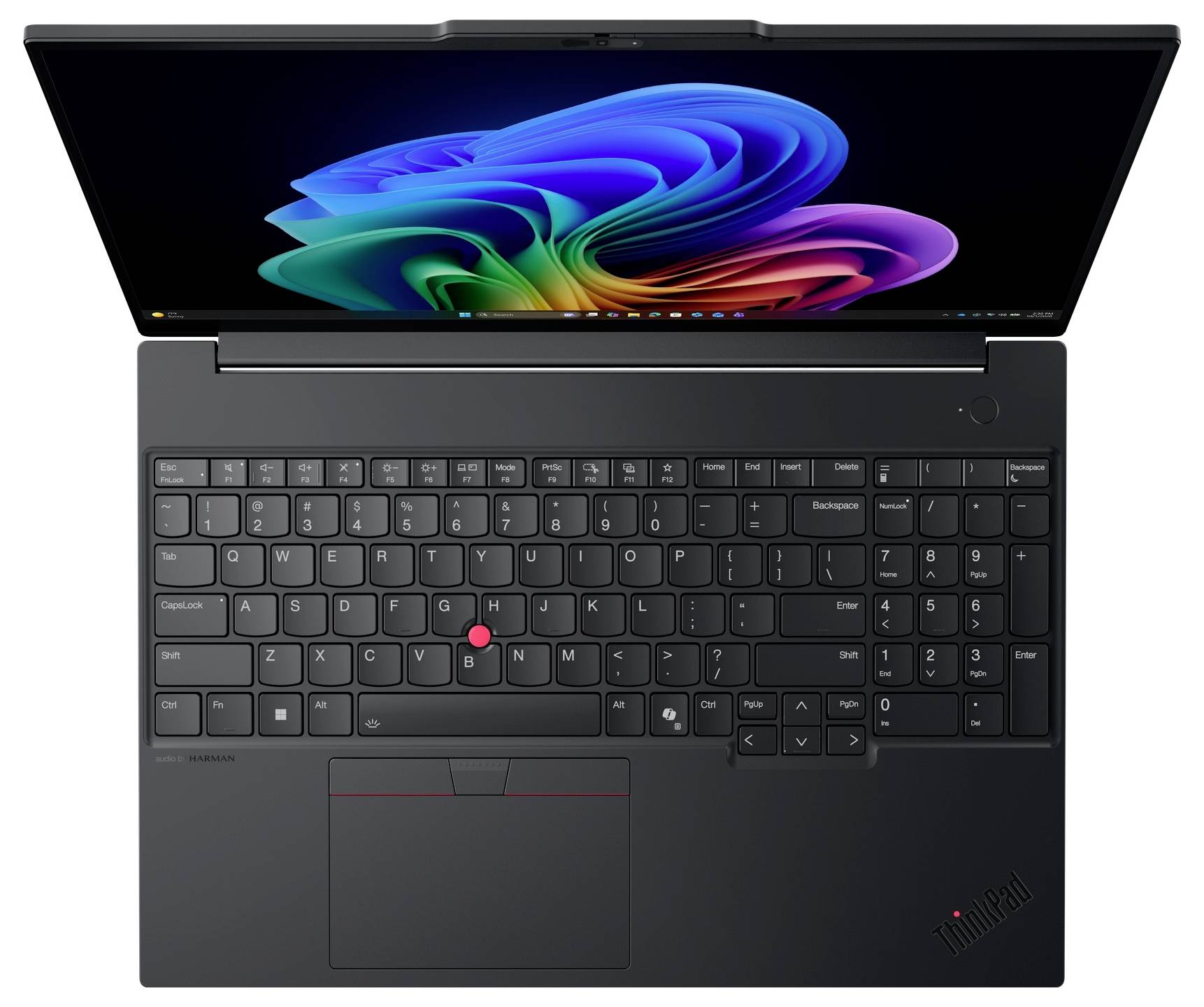 Draufsicht eines offenen schwarzen Lenovo ThinkPad-Laptops mit einem farbenfrohen abstrakten Hintergrundbild auf dem Bildschirm und einem roten TrackPoint über der Tastatur.