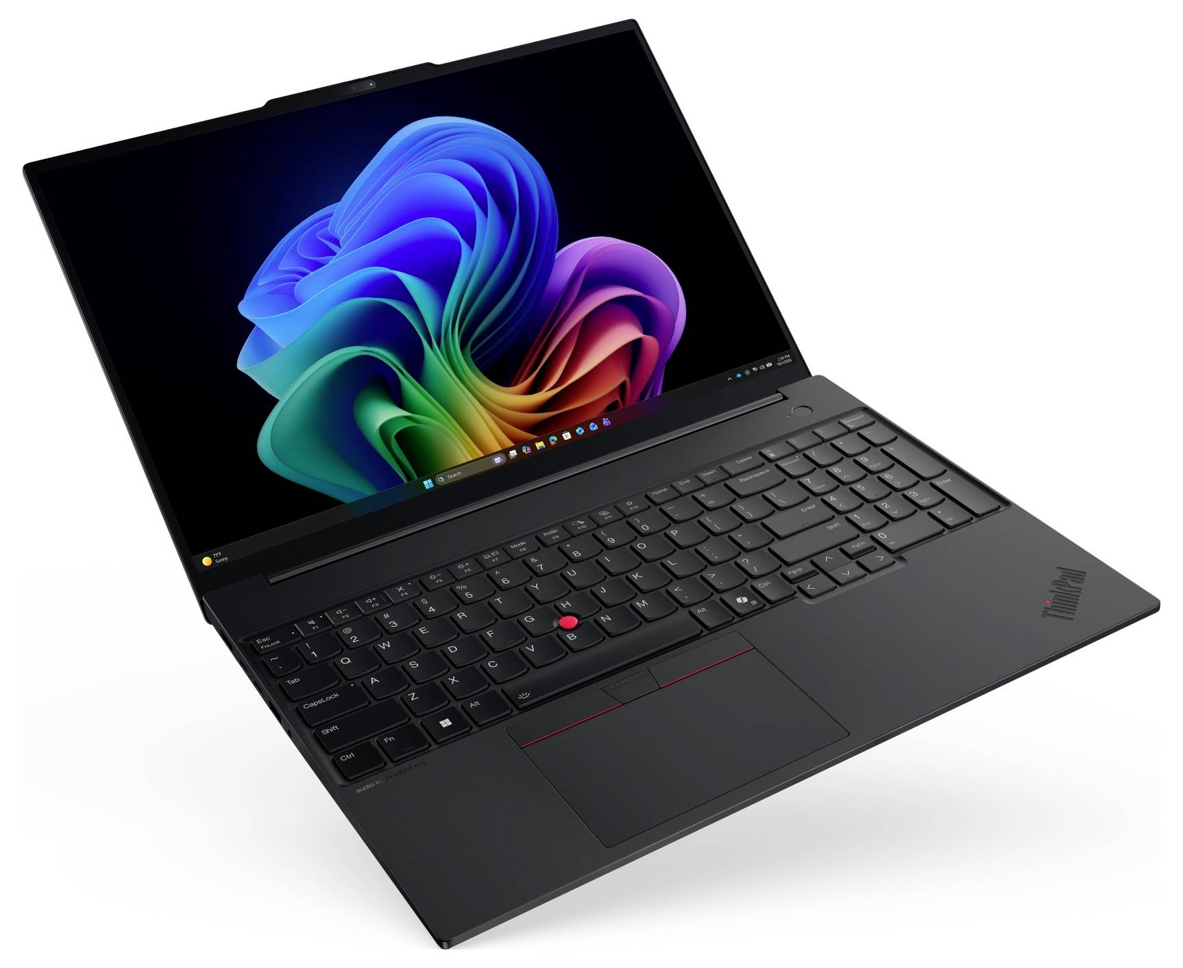Ein schwarzes Lenovo ThinkPad Laptop, das in einem Winkel geöffnet ist und einen farbenfrohen Windows 11 Hintergrundbild auf dem Bildschirm zeigt.