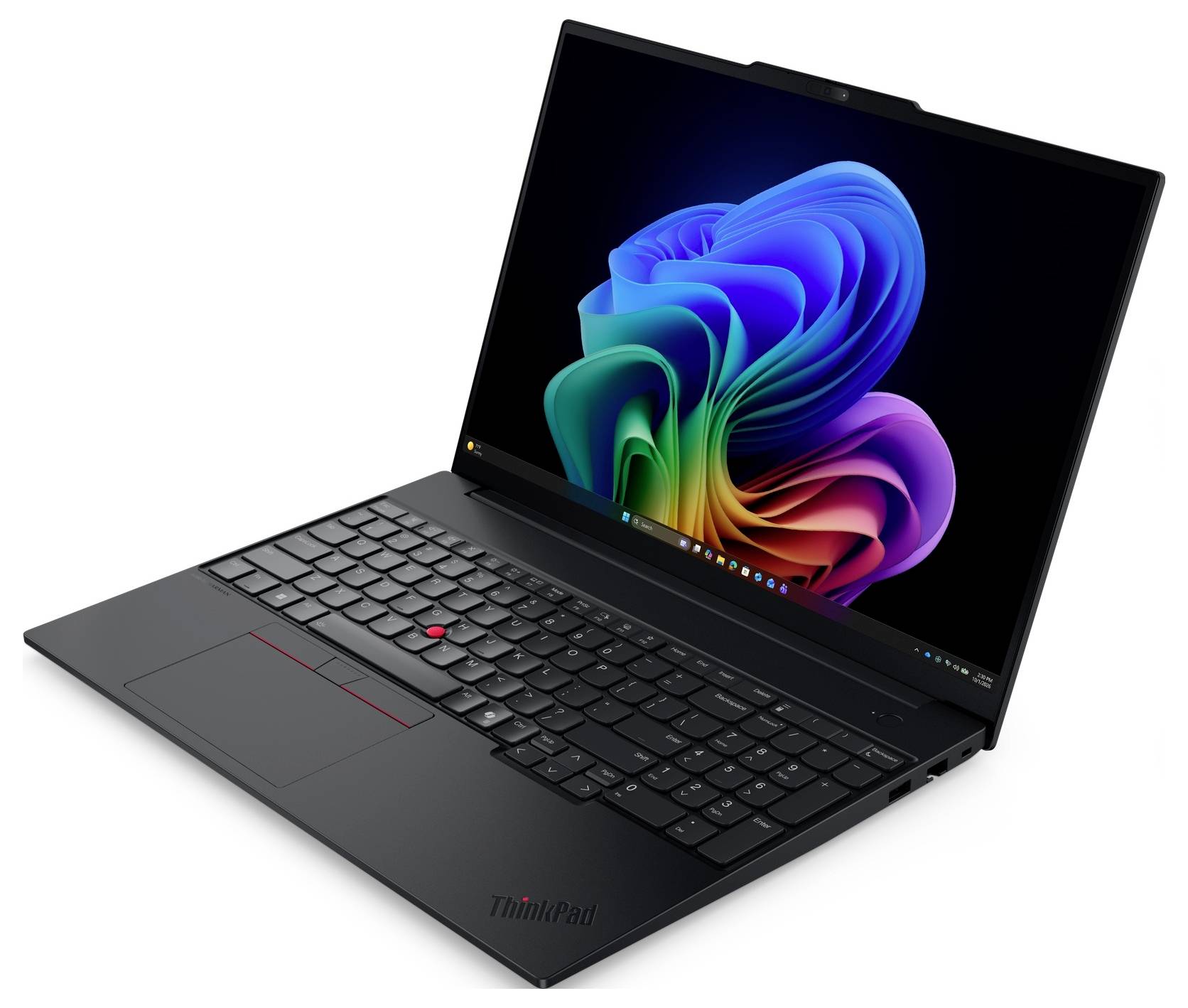 Schwarzer Lenovo ThinkPad Laptop offen auf weißem Hintergrund, mit einem farbenfrohen abstrakten Windows-ähnlichen Hintergrundbild auf dem Bildschirm.