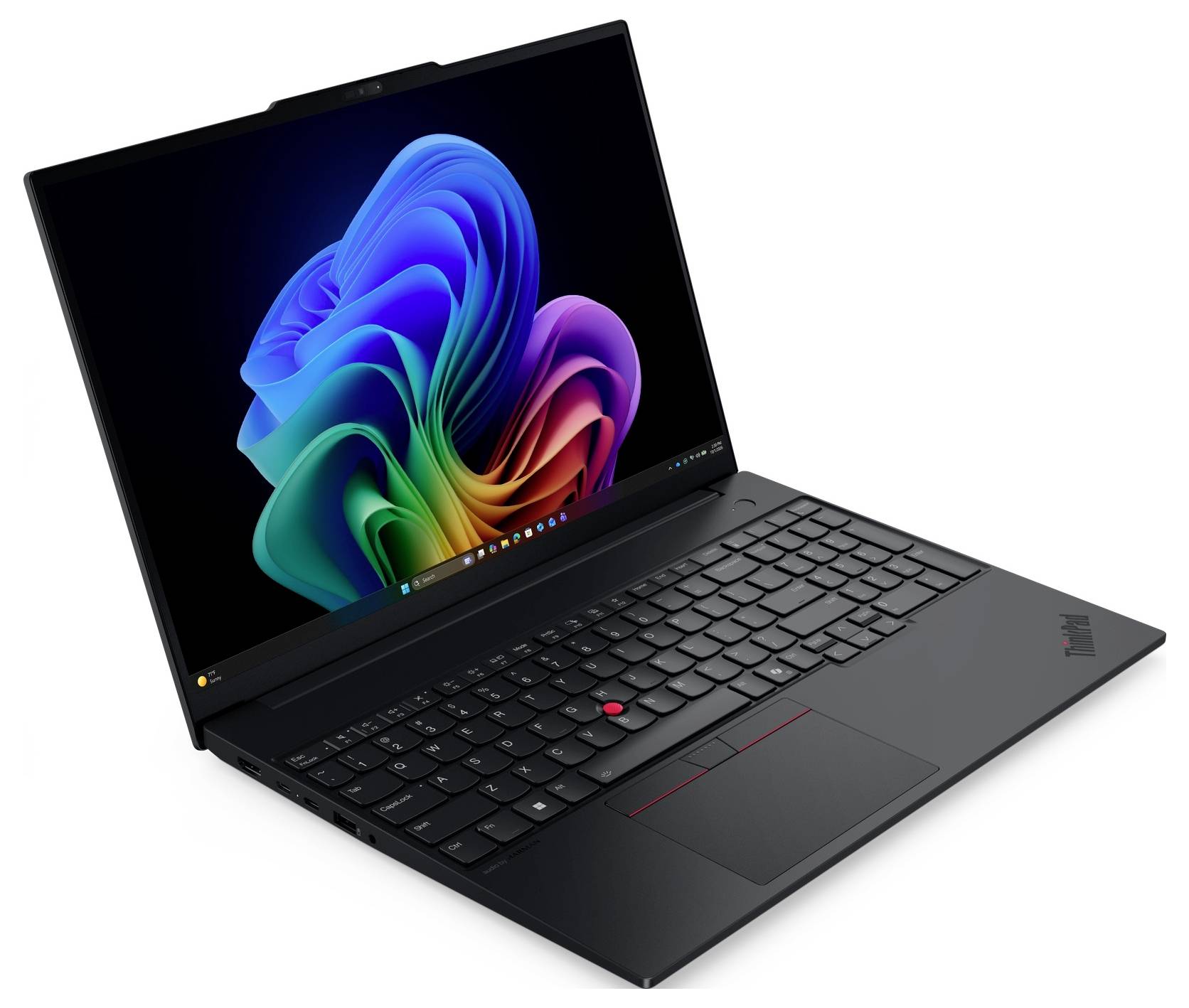 Schwarzer Lenovo ThinkPad-Laptop mit farbenfrohem abstraktem Hintergrund, schräg auf weißem Hintergrund geöffnet.