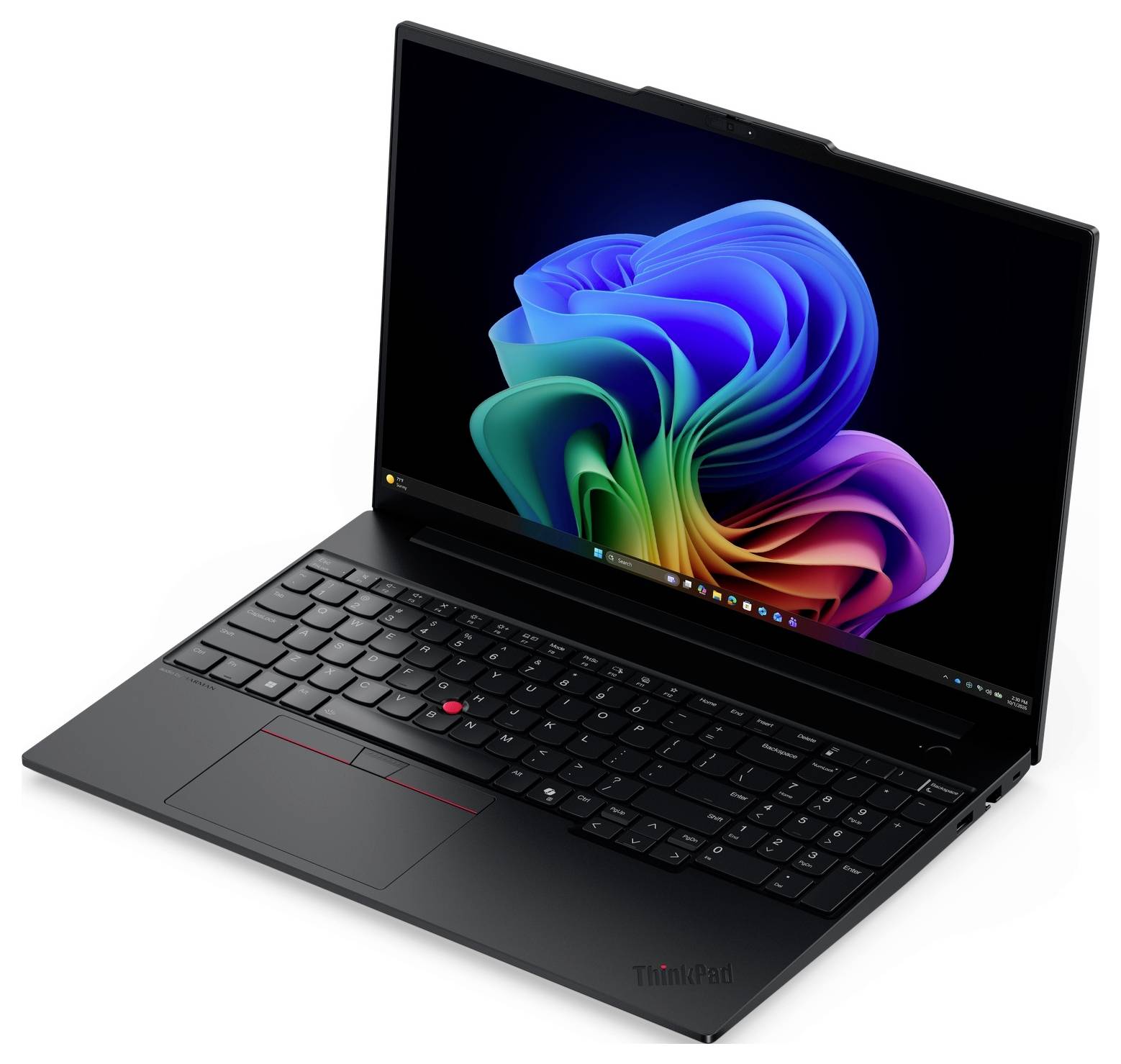 Lenovo ThinkPad-Laptop mit Windows-Desktophintergrund auf dem Bildschirm angezeigt, in einem Winkel auf weißem Hintergrund dargestellt.