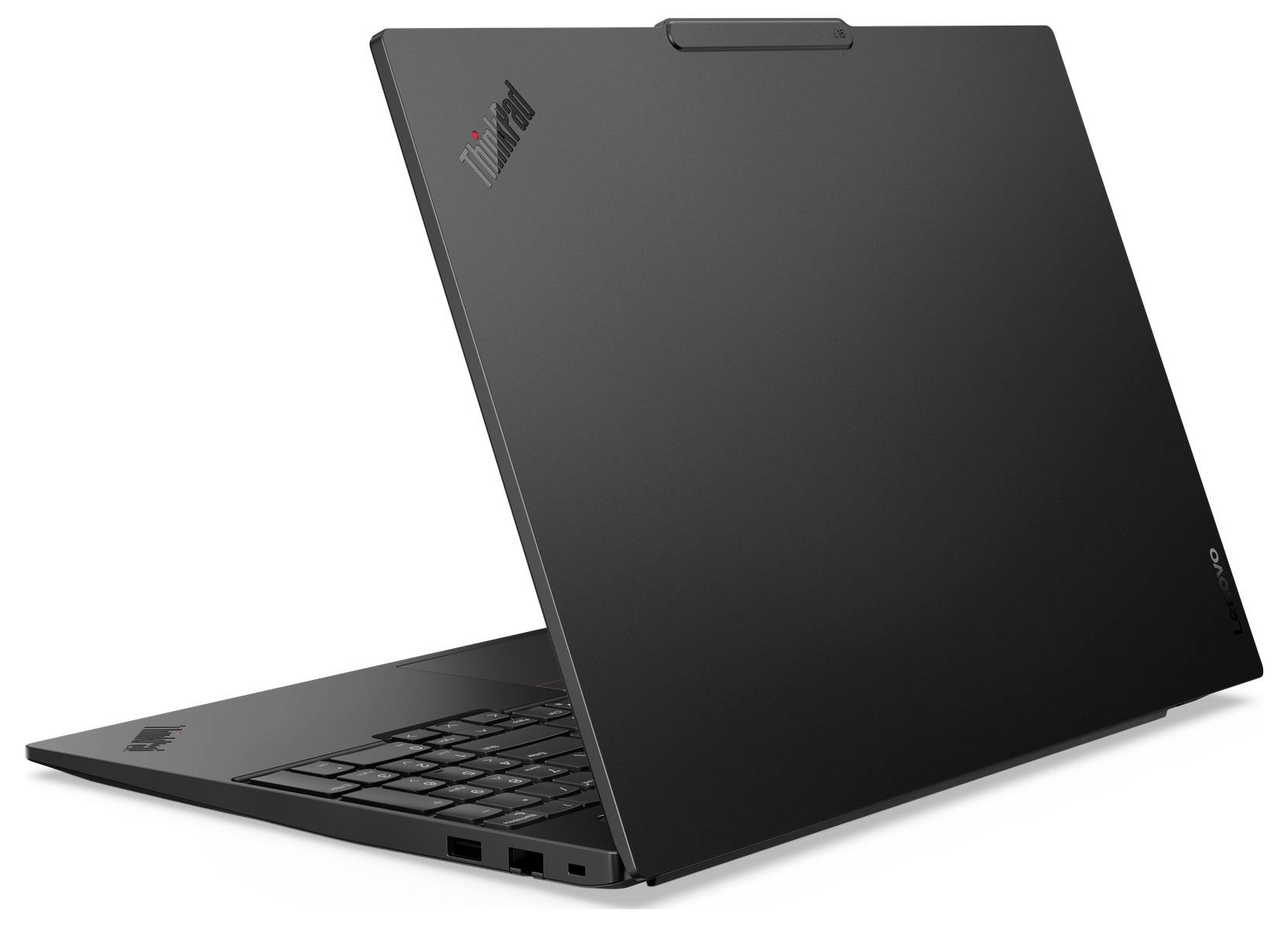 Schwarzer Lenovo ThinkPad-Laptop, geschlossen in schräger Position gezeigt, mit sichtbarer Tastatur und Seitenports.