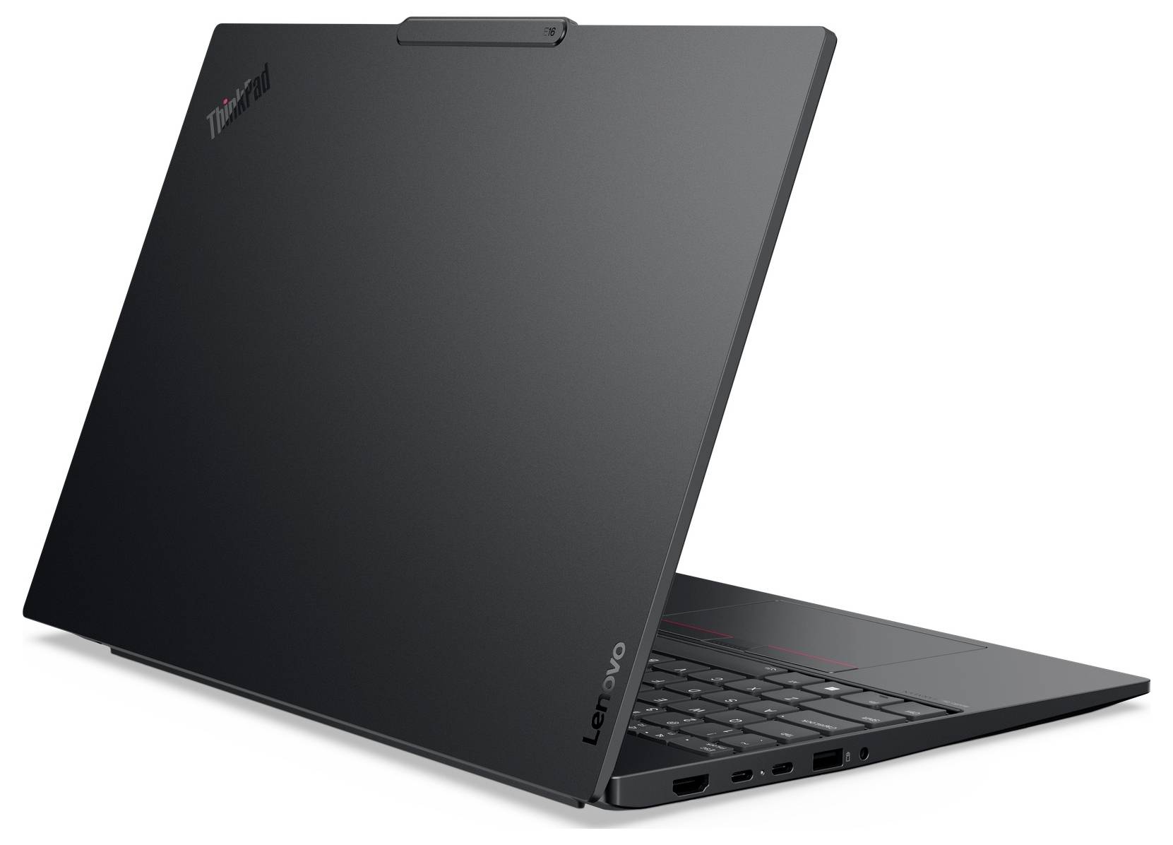 Geschlossenes Lenovo ThinkPad Laptop, das im Winkel gezeigt wird, wobei der matte schwarze Deckel und die teilweise geöffnete Tastaturseite hervorgehoben werden.