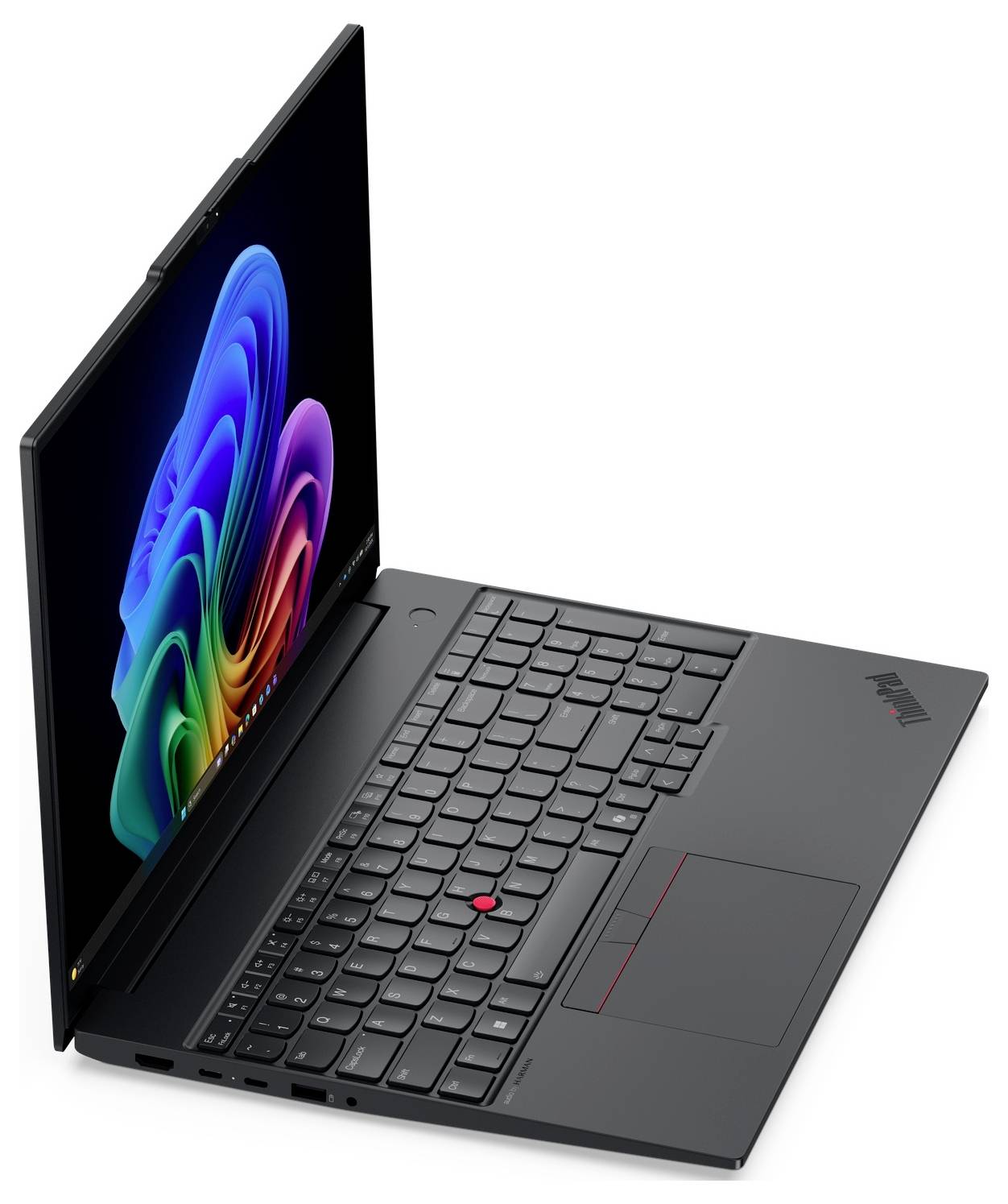 Schwarzer Lenovo ThinkPad-Laptop, in einem Winkel geöffnet, zeigt eine farbenfrohe abstrakte Tapete auf dem Bildschirm und eine vollständige Tastatur mit rotem TrackPoint und Touchpad.