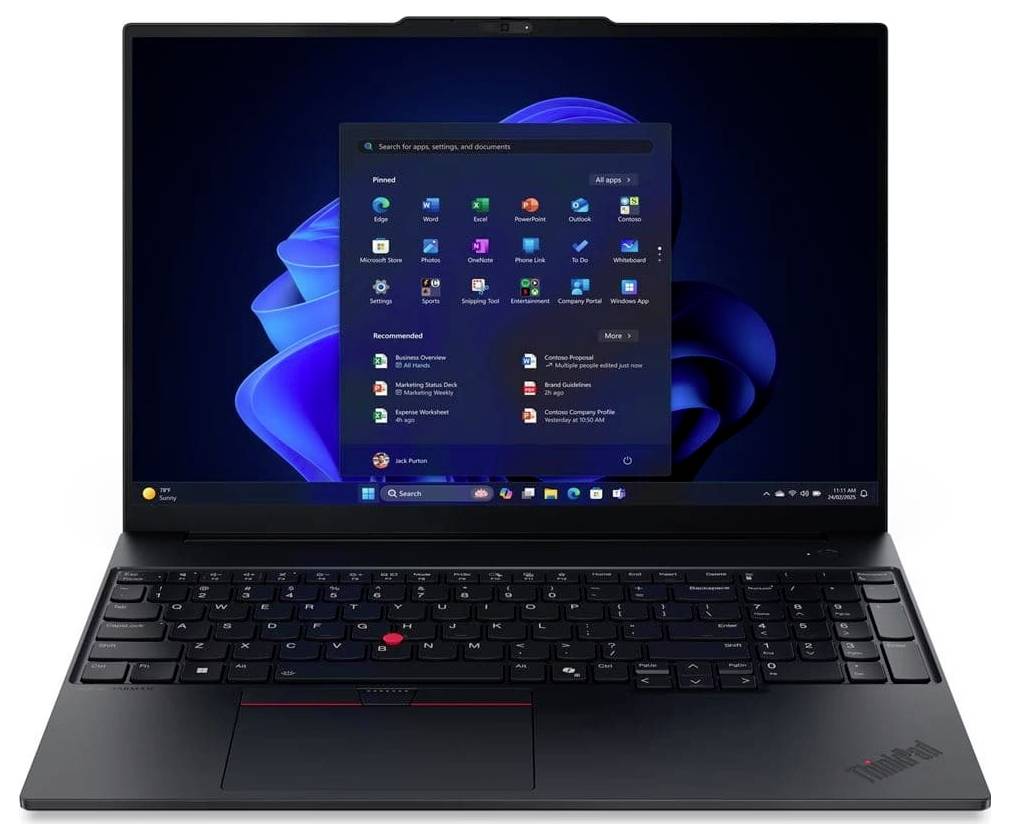 Schwarzer Lenovo ThinkPad-Laptop geöffnet mit Windows 11-Desktop und im Bildschirm angezeigtem Startmenü.