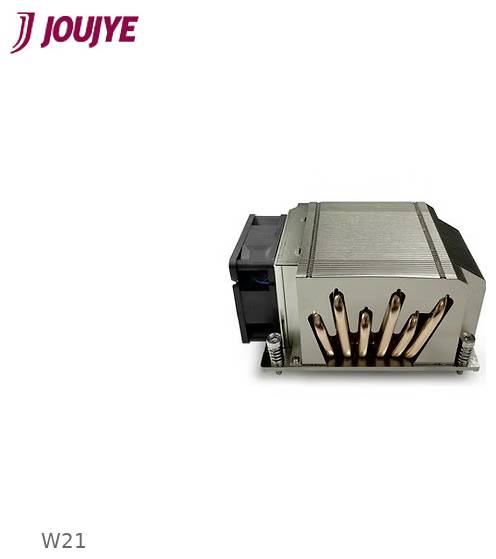 JouJye W21 Computer-Kühlkörper mit angebrachtem Lüfter auf weißem Hintergrund.