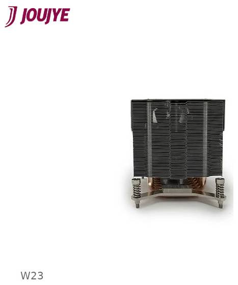 JOUJYE W23 Computer-CPU-Kühlkörper mit schwarzen Lamellen, Kupfer-Wärmerohr und federgestützter Basis auf weißem Hintergrund.