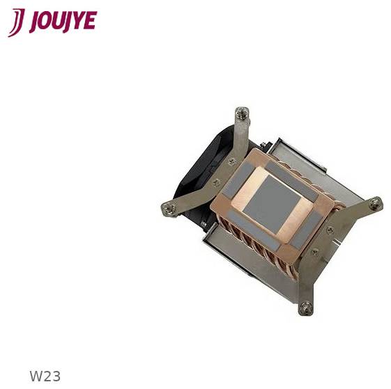 Produktfoto einer Jouye W23 Computerkühlung mit Kupferwärmerohr und quadratischer Metallmontageklammer auf weißem Hintergrund.