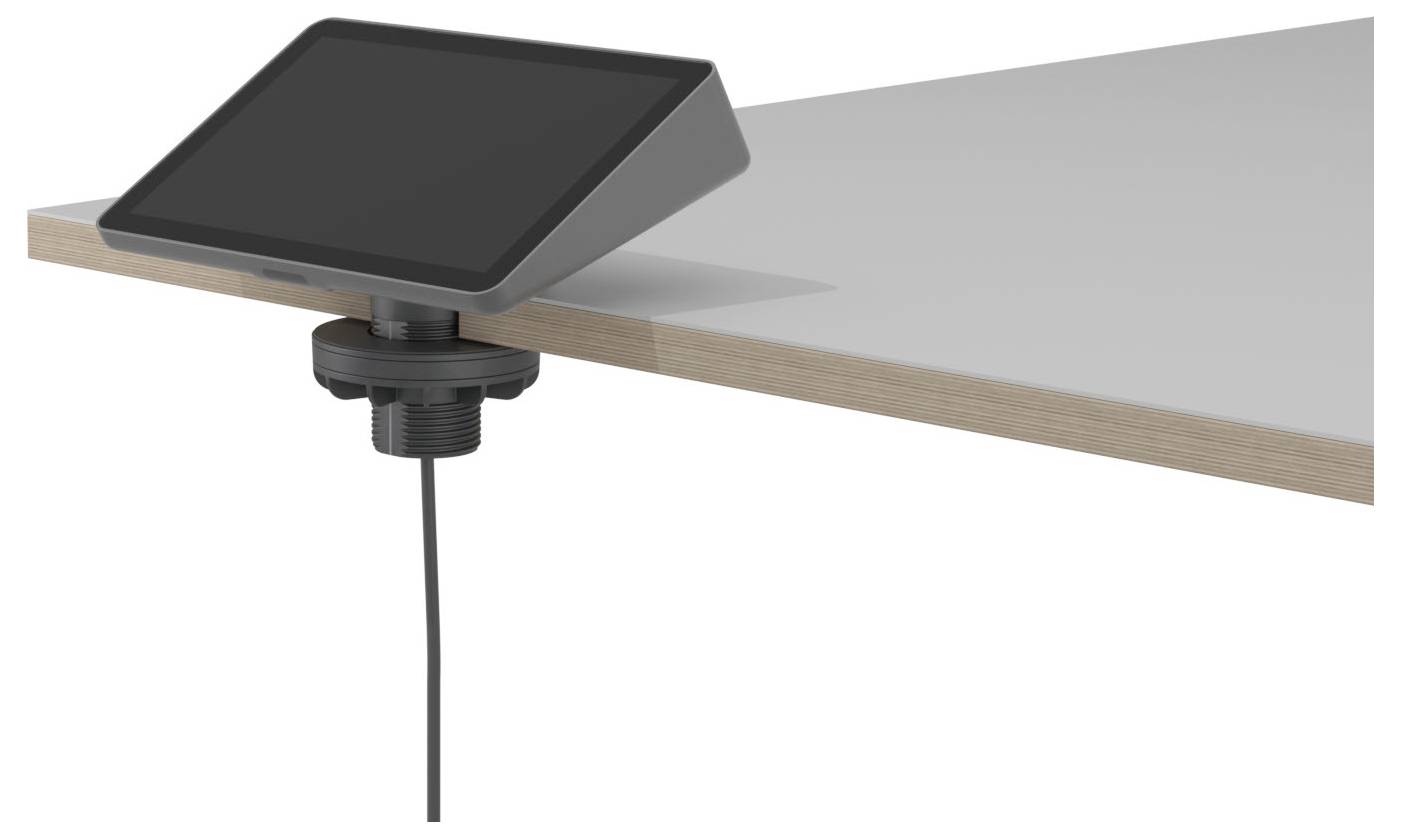 Schwarzes auf dem Schreibtisch montiertes Touchscreen-Gerät mit Klemmfuß und Kabel, das unter einer Schreibtischkante herabhängt.