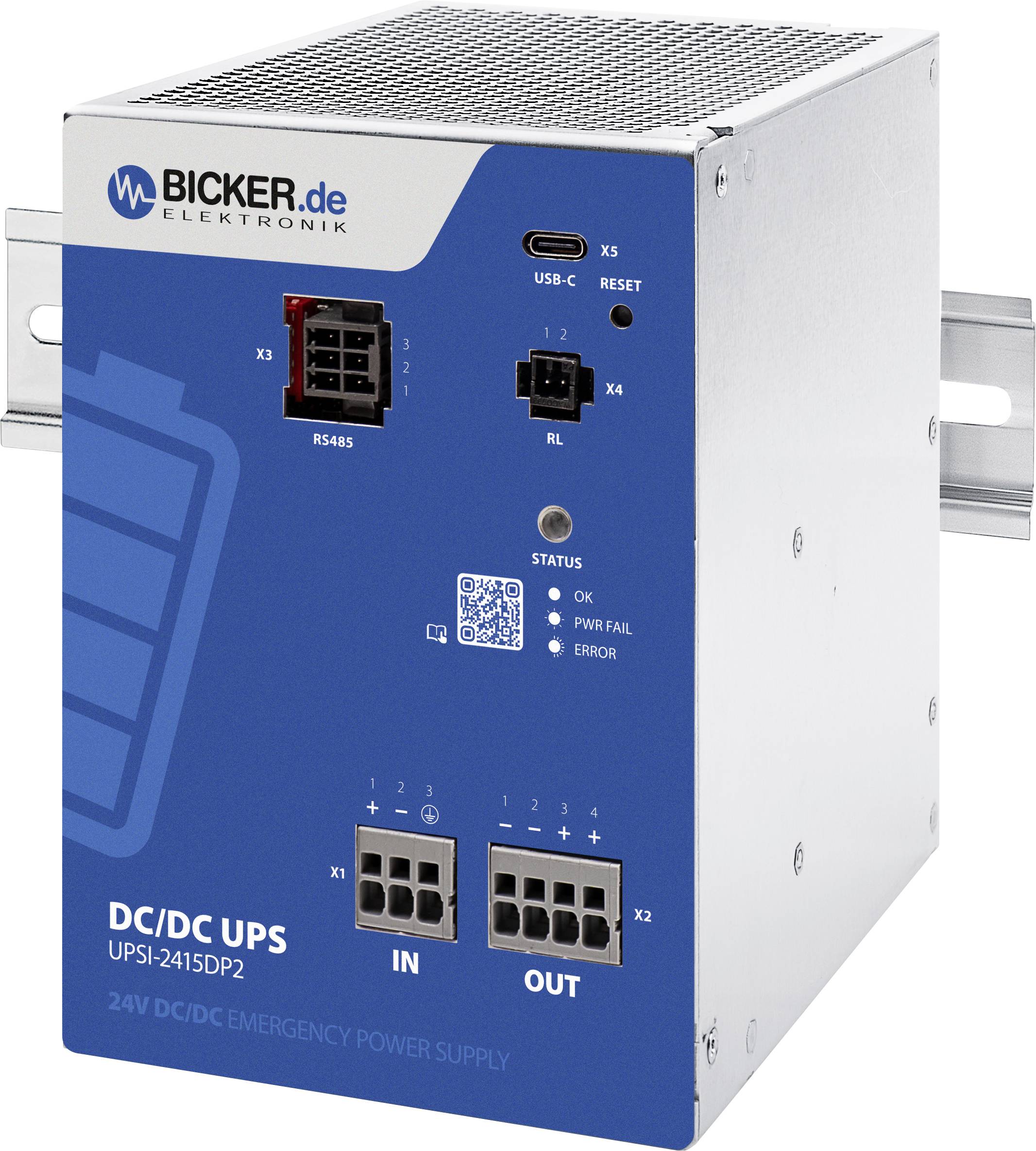 Vorderansicht einer Bicker.de DC/DC UPS-Stromversorgungseinheit mit gekennzeichneten Anschlüssen, Status-LEDs, USB-C, RS485 und EIN-/AUS-Anschlüssen.
