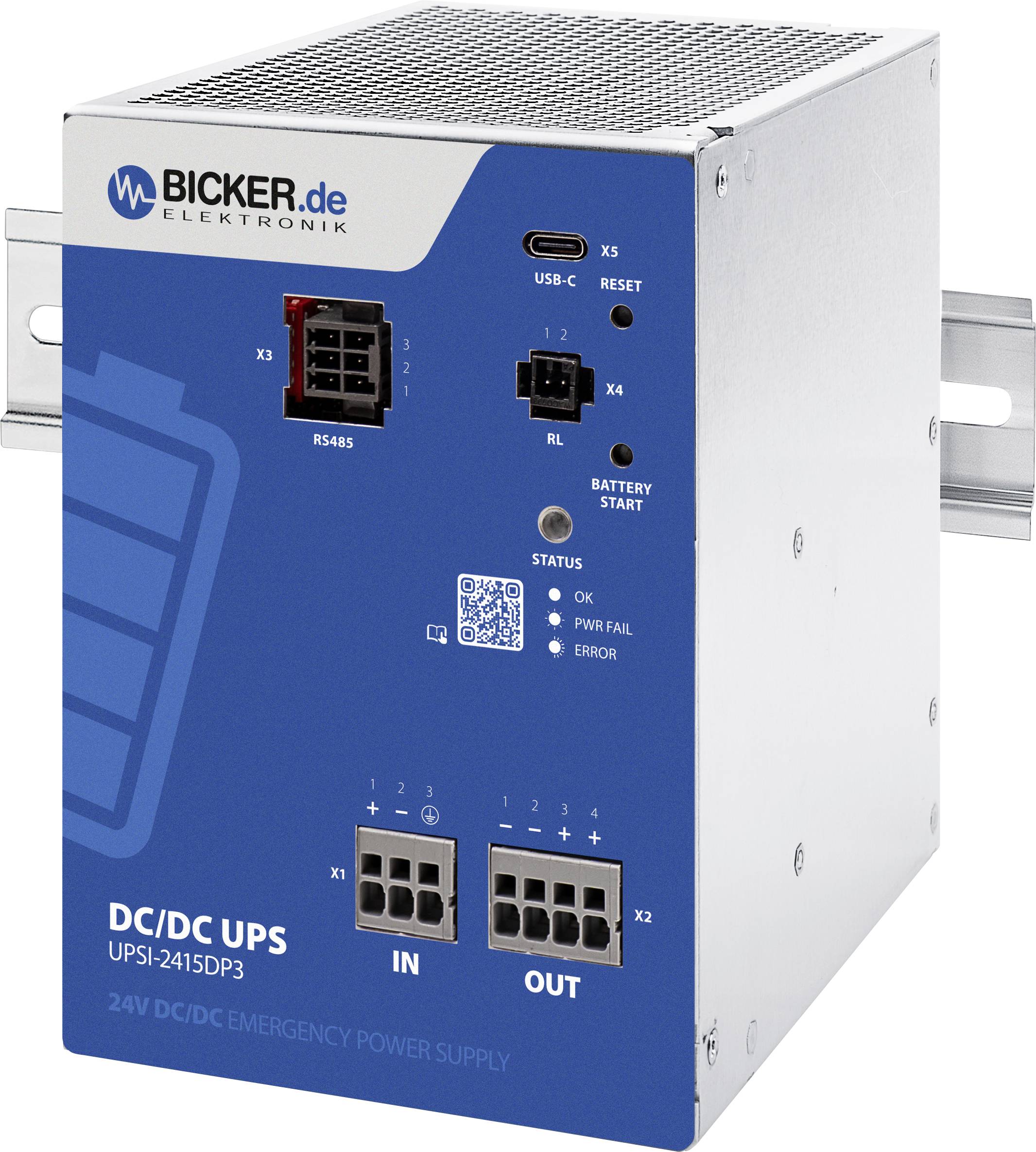 Frontansicht eines Bicker Elektronik DC/DC UPS-Moduls mit der Bezeichnung „UPSI-2415DP3