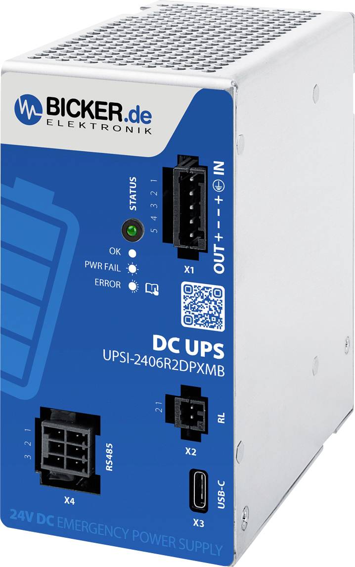 Bicker.de Elektronik DC UPS Notfallstromversorgungsmodul mit Status-LEDs, Ein-/Ausgangsanschlüssen, QR-Code und Modellbezeichnung UPSi-2406R2DPXMB.