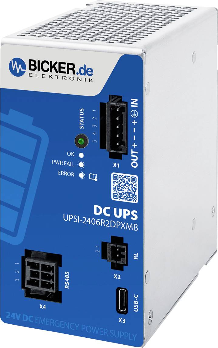 Vorderansicht einer Bicker.de Elektronik DC USV-Notfallstromversorgungseinheit mit beschrifteten Anschlüssen, Status-LEDs und einem QR-Code.