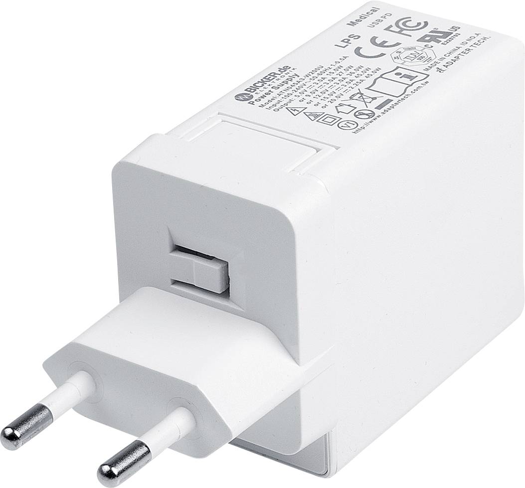 Weiß-weiße USB-Wandladegerät mit zwei runden europäischen Steckerkontakten und einem USB-Anschluss, in Nahaufnahme vor weißem Hintergrund gezeigt.